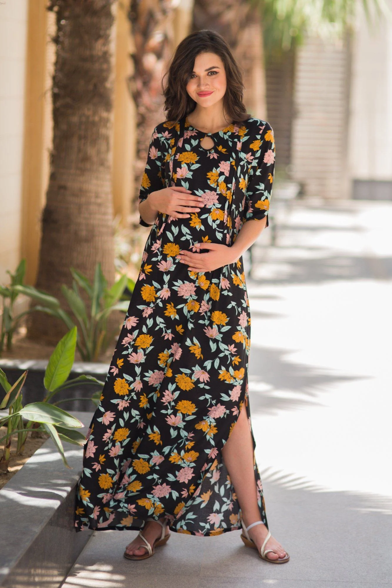 Ebony Floral Side Slit Maternity & Feeding Dress - Chenance