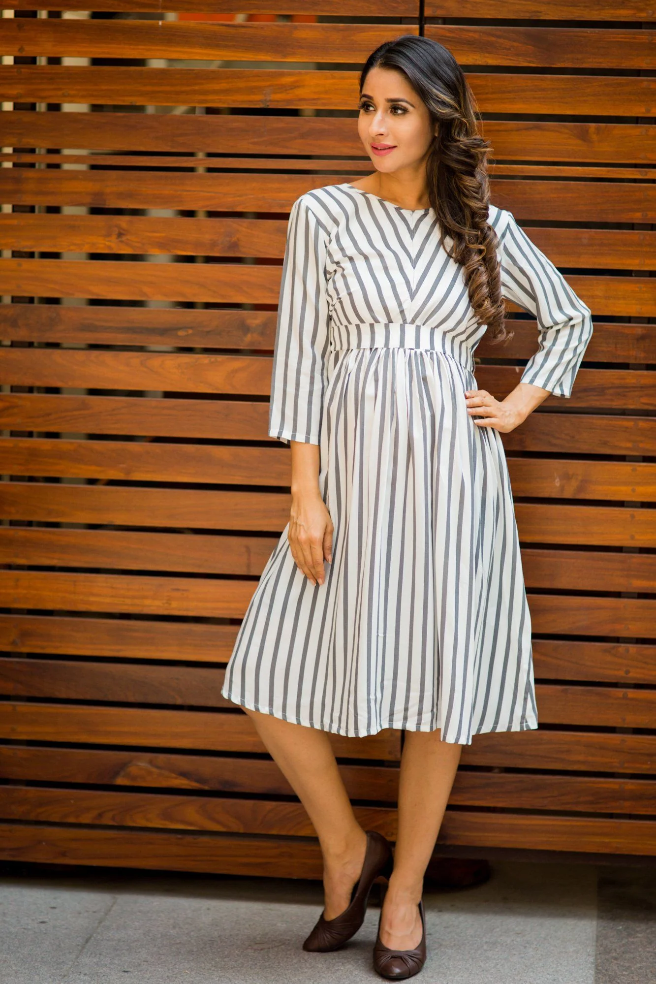 Timeless Grey White Striped Nursing Rayon Dress - Chenance