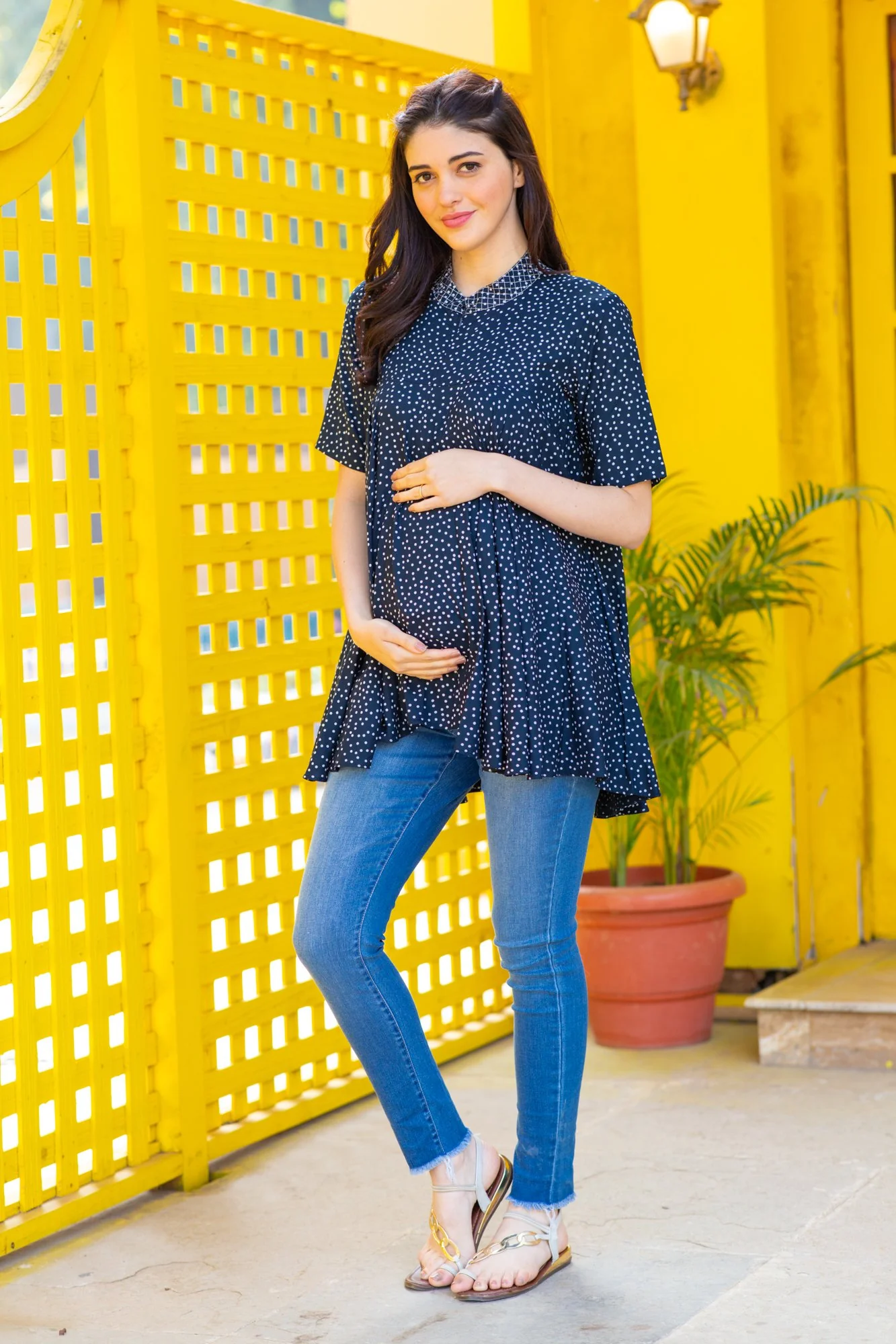 Blue Polka Maternity & Nursing Flair Top - Chenance
