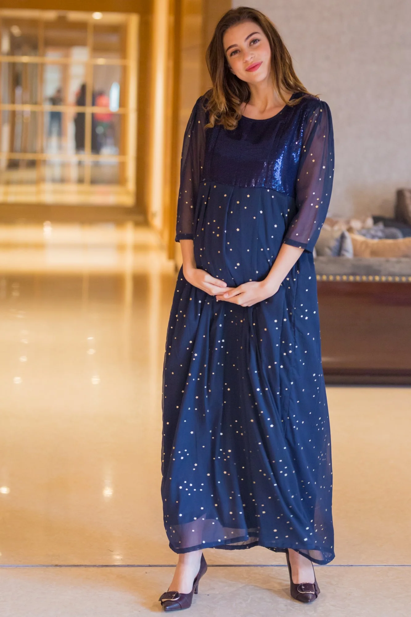 Starry Blue Silver Sequin Maternity & Nursing Dress - Chenance