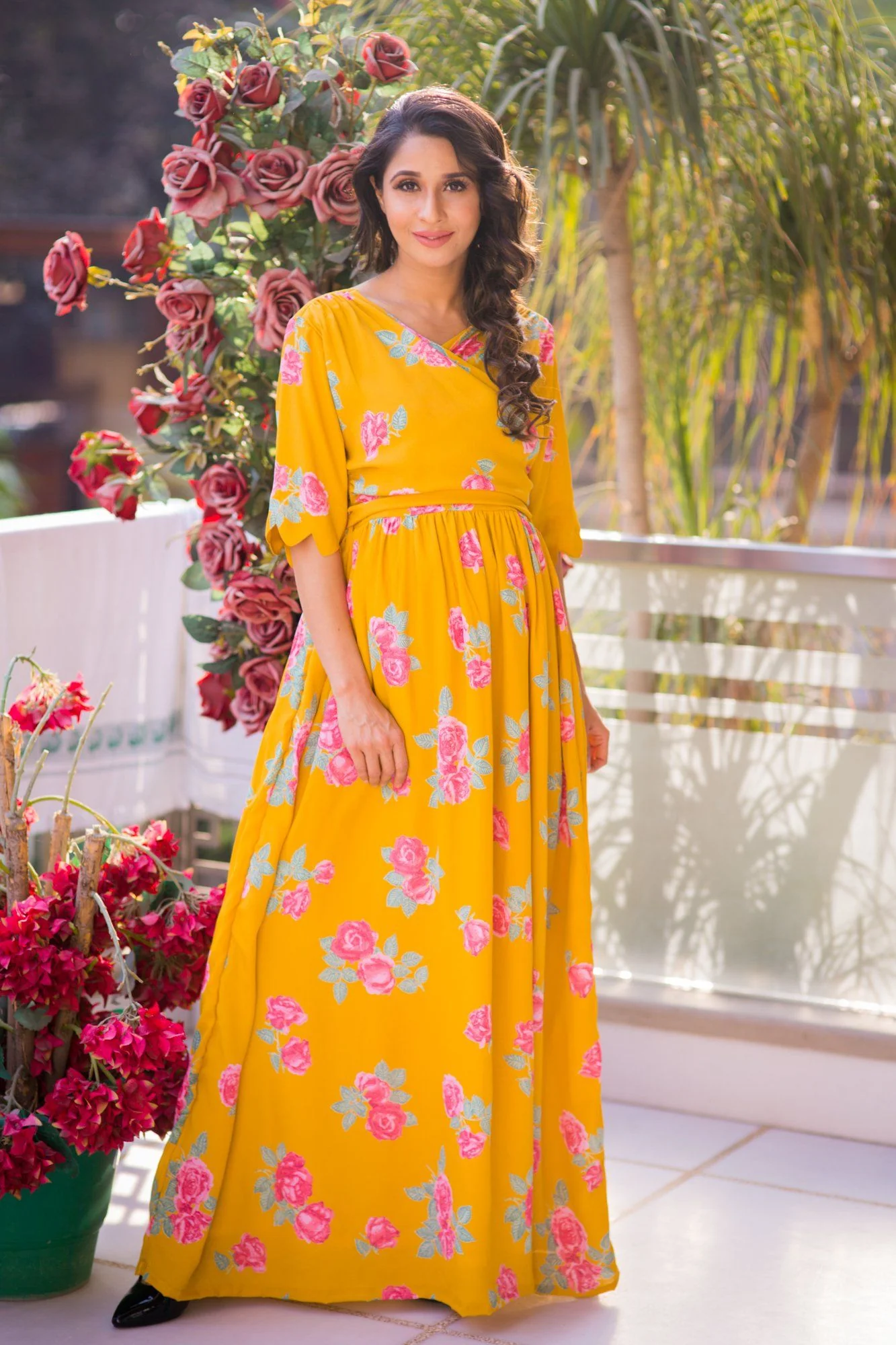 Fresh Blossom Mustard Maternity & Nursing Crepe Wrap Dress - Chenance
