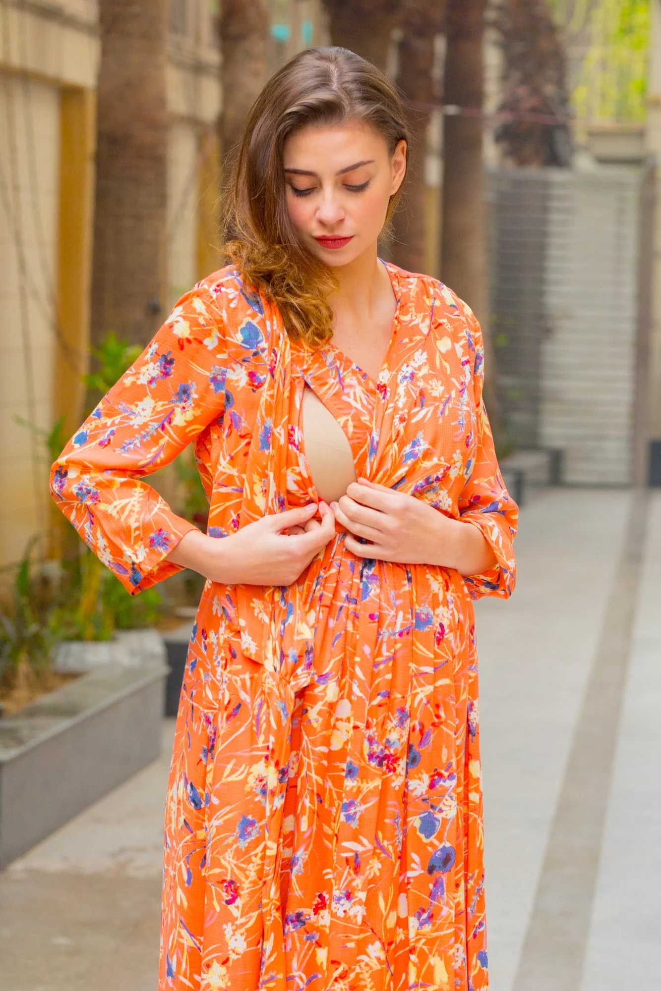 Tangy Orange Maternity & Nursing Wrap Dress - Chenance