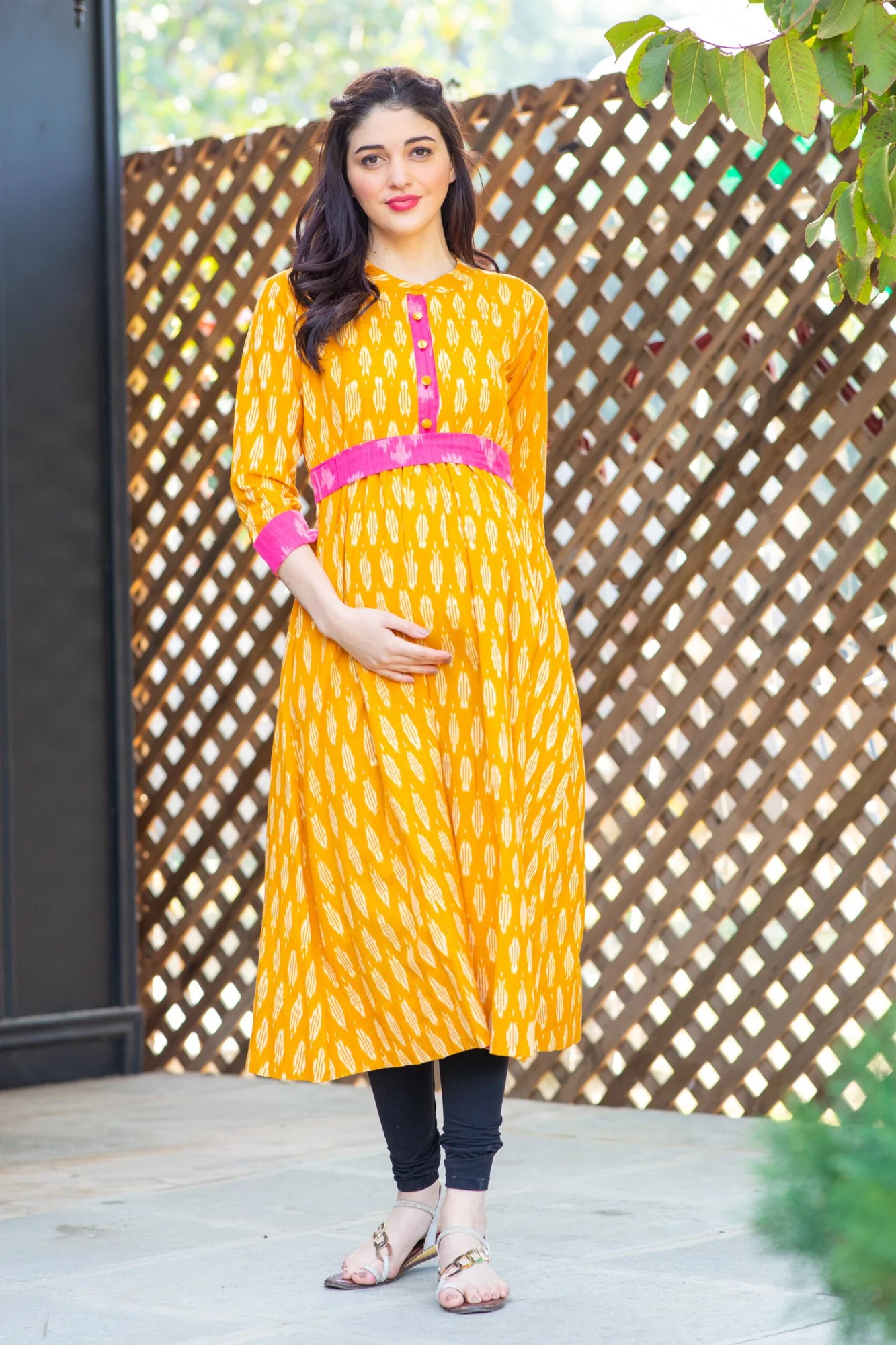 Honey Yellow Ikat Pocket Maternity & Nursing Kurta - Chenance