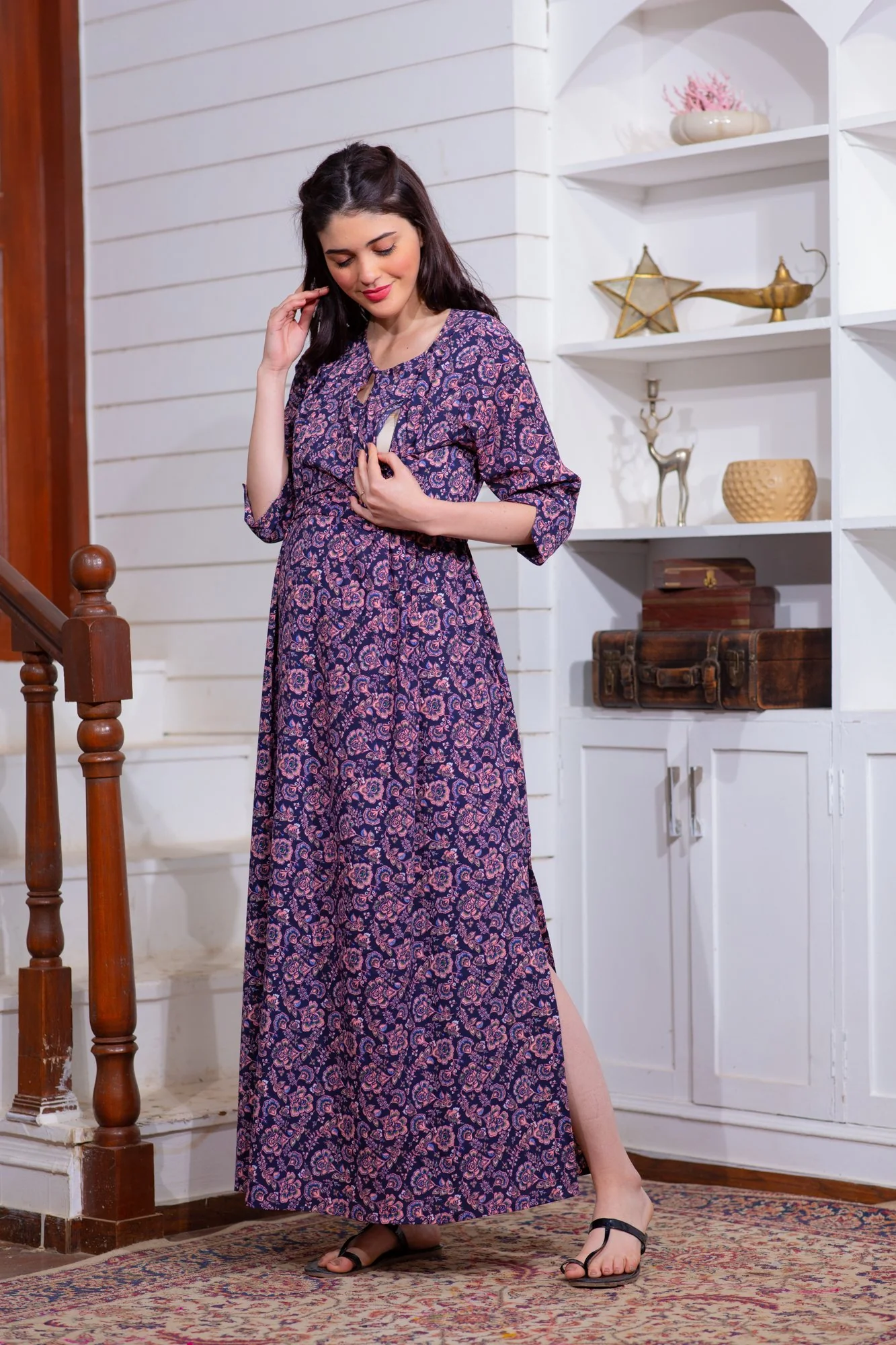 Violet Paisley Side Slit Maternity & Feeding Dress - Chenance