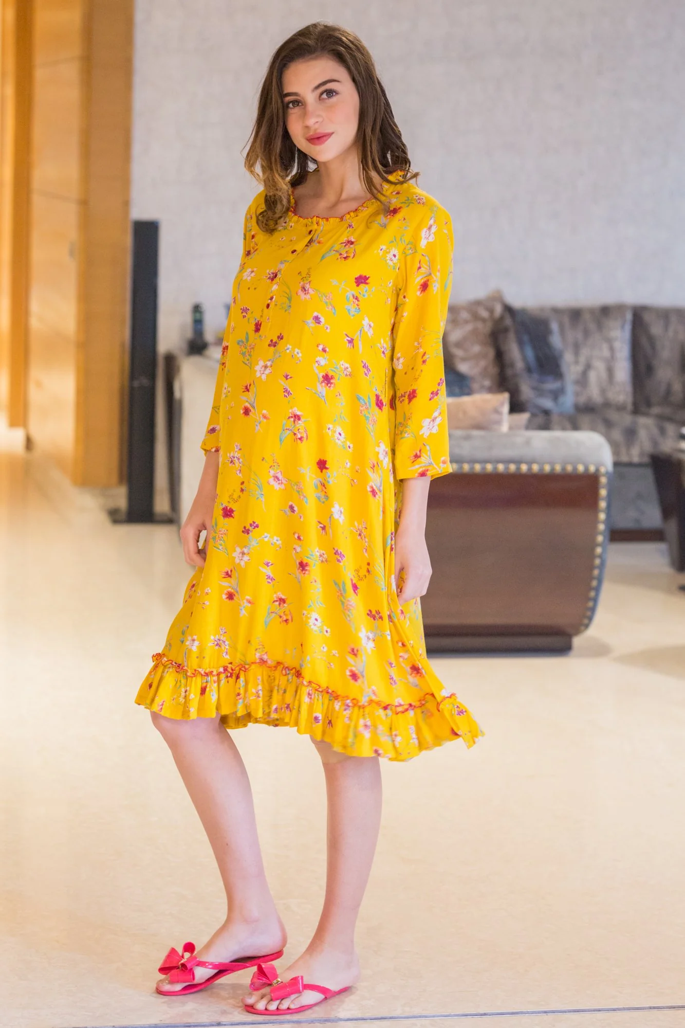 Merry Yellow Maternity & Nursing Night Dress - Chenance