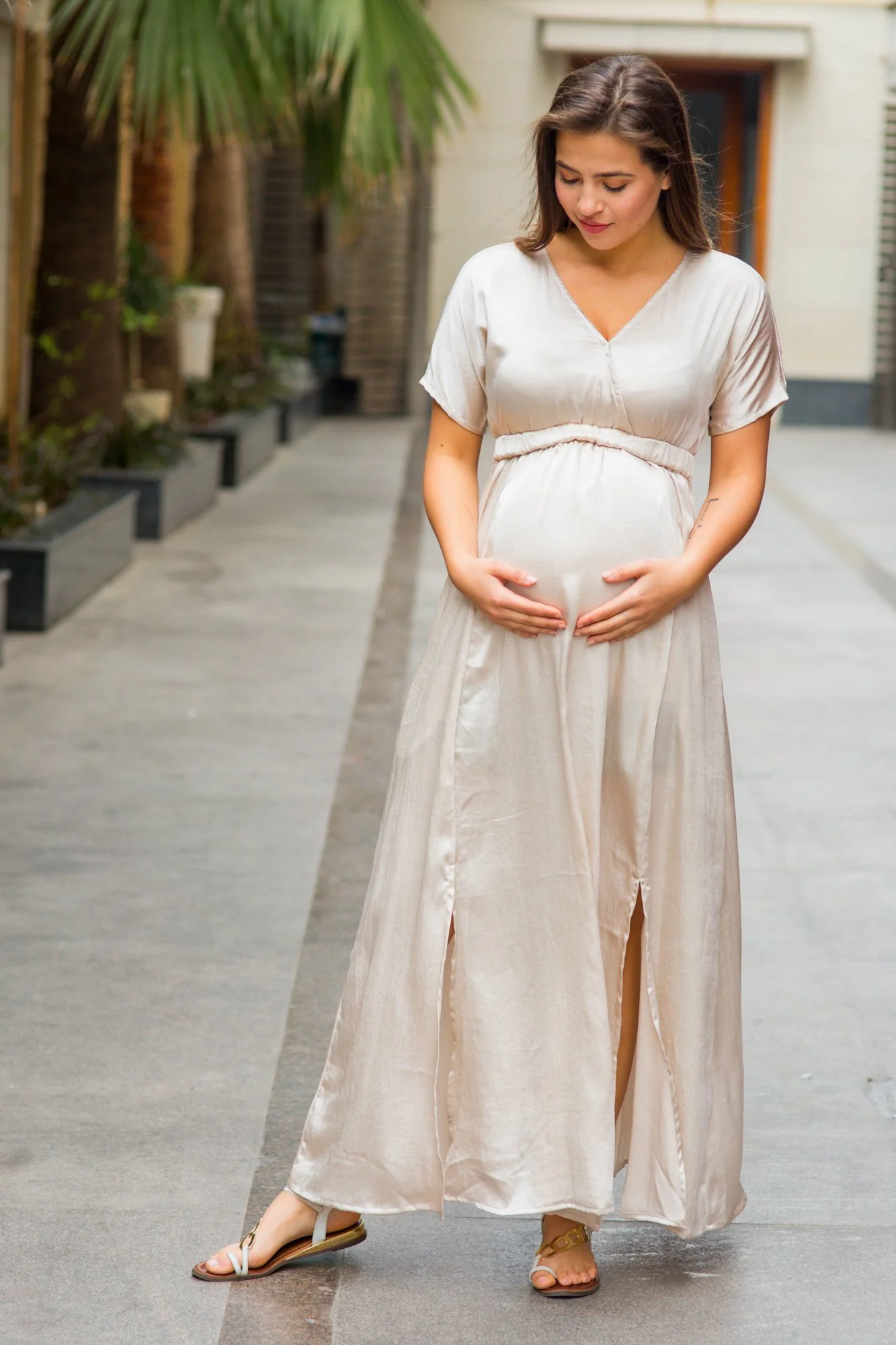 Elegant Pearl Split Hem Maternity & Nursing Dress - Chenance