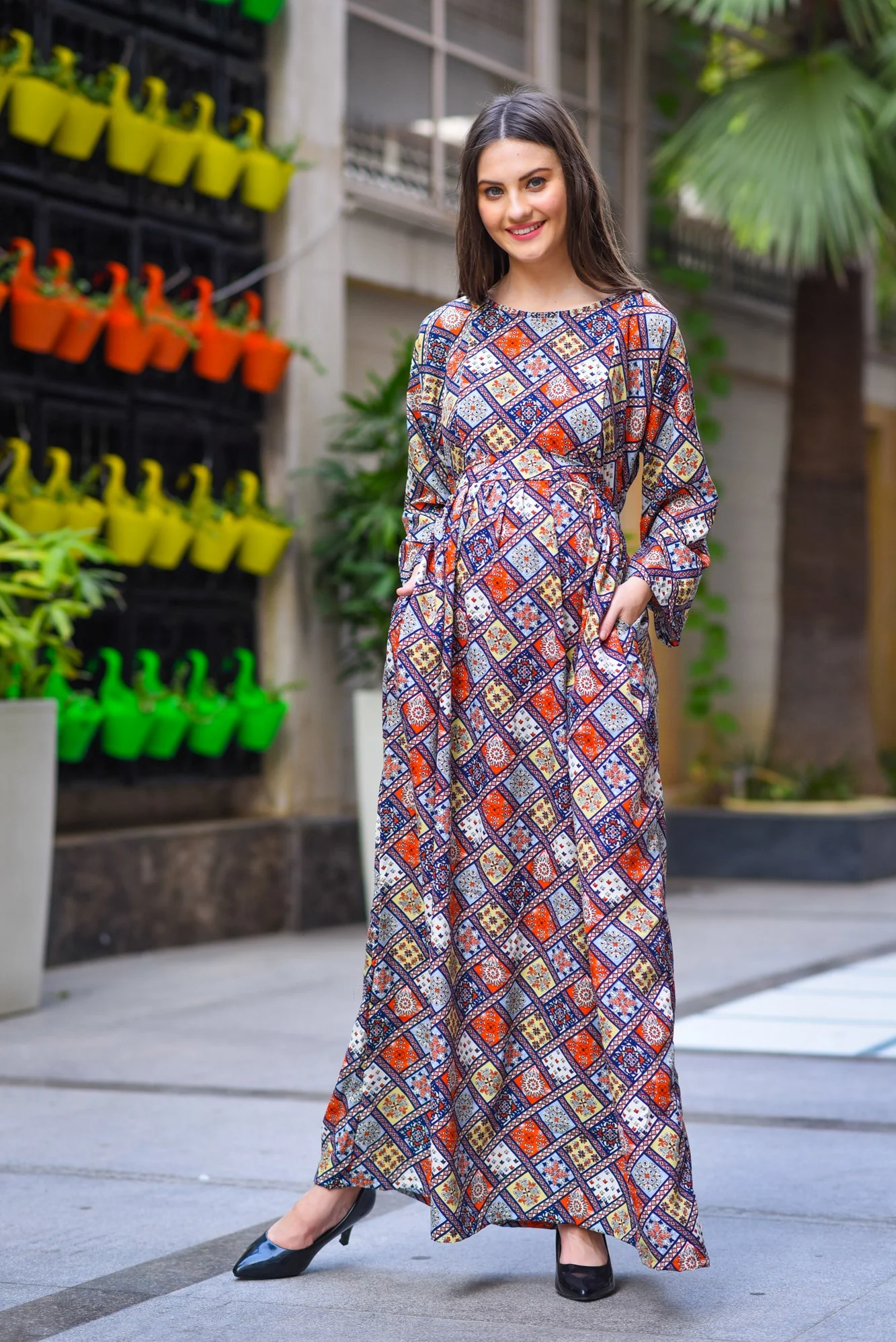 Abstract Multicolor Maternity & Nursing Maxi Dress - Chenance