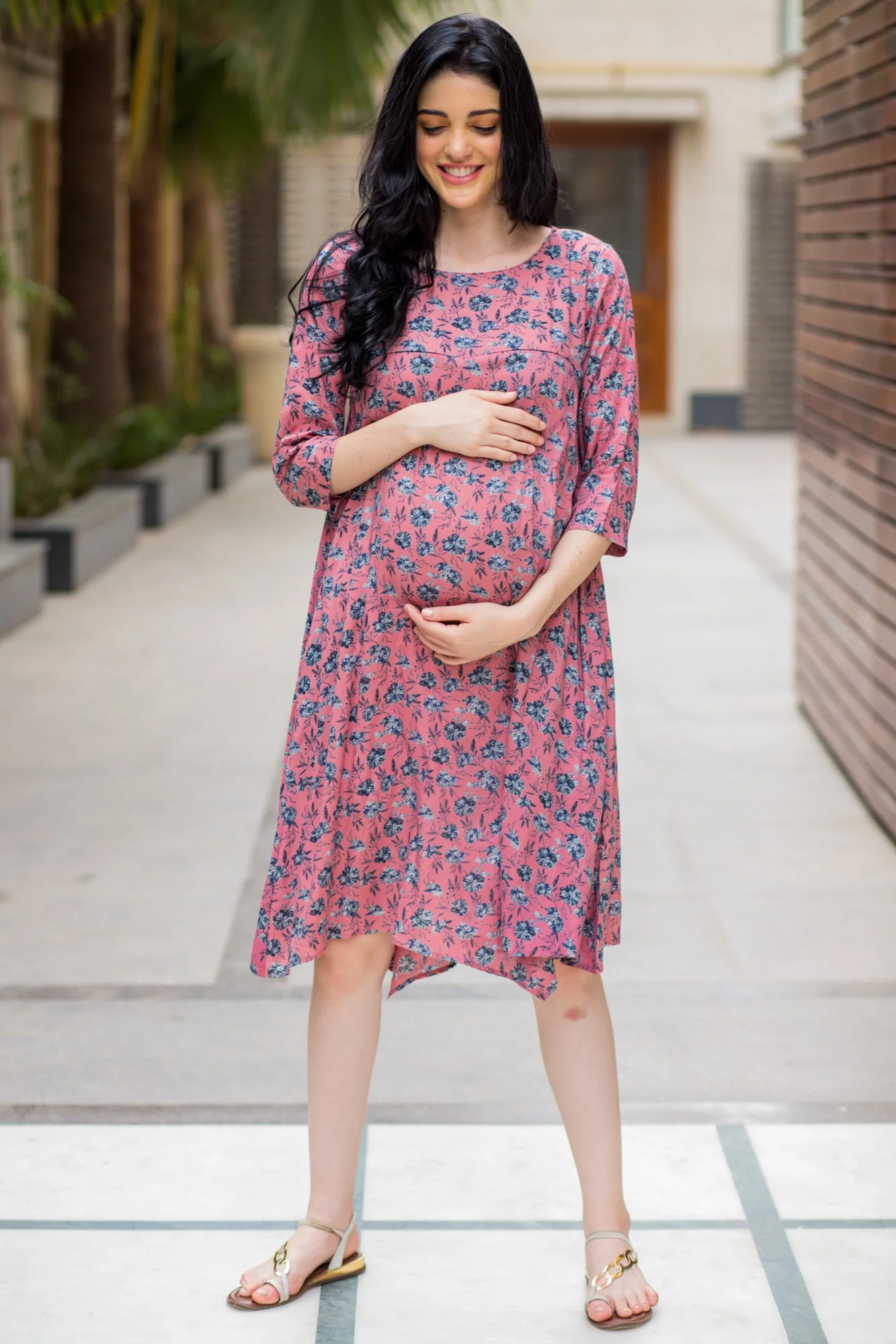 Peachy Floral Maternity & Nursing Horizontal Zip Dress - Chenance