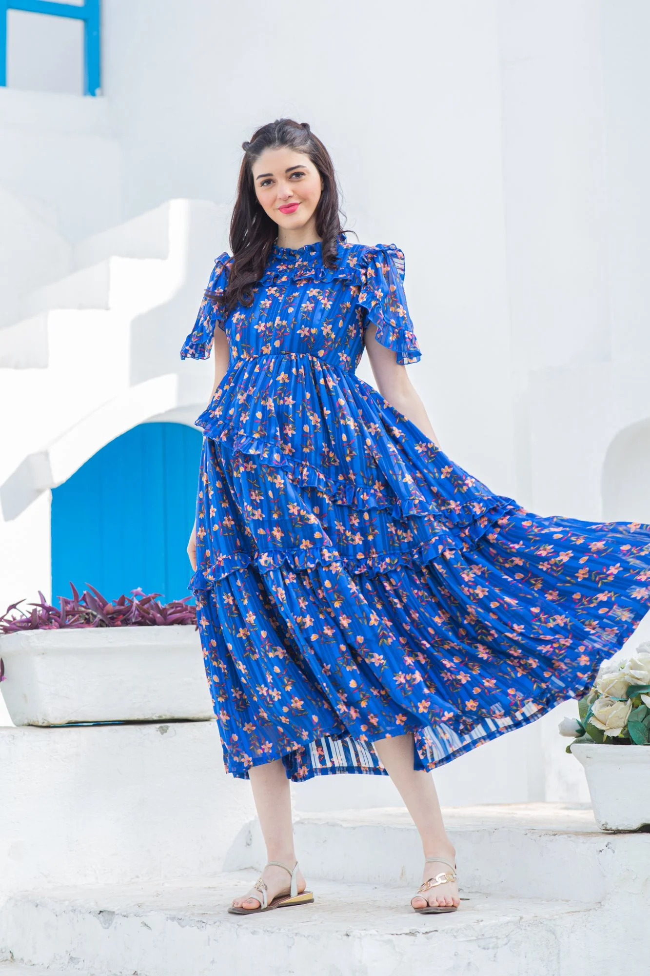 Royal Blue Mist Maternity & Nursing Frill Dress - Chenance