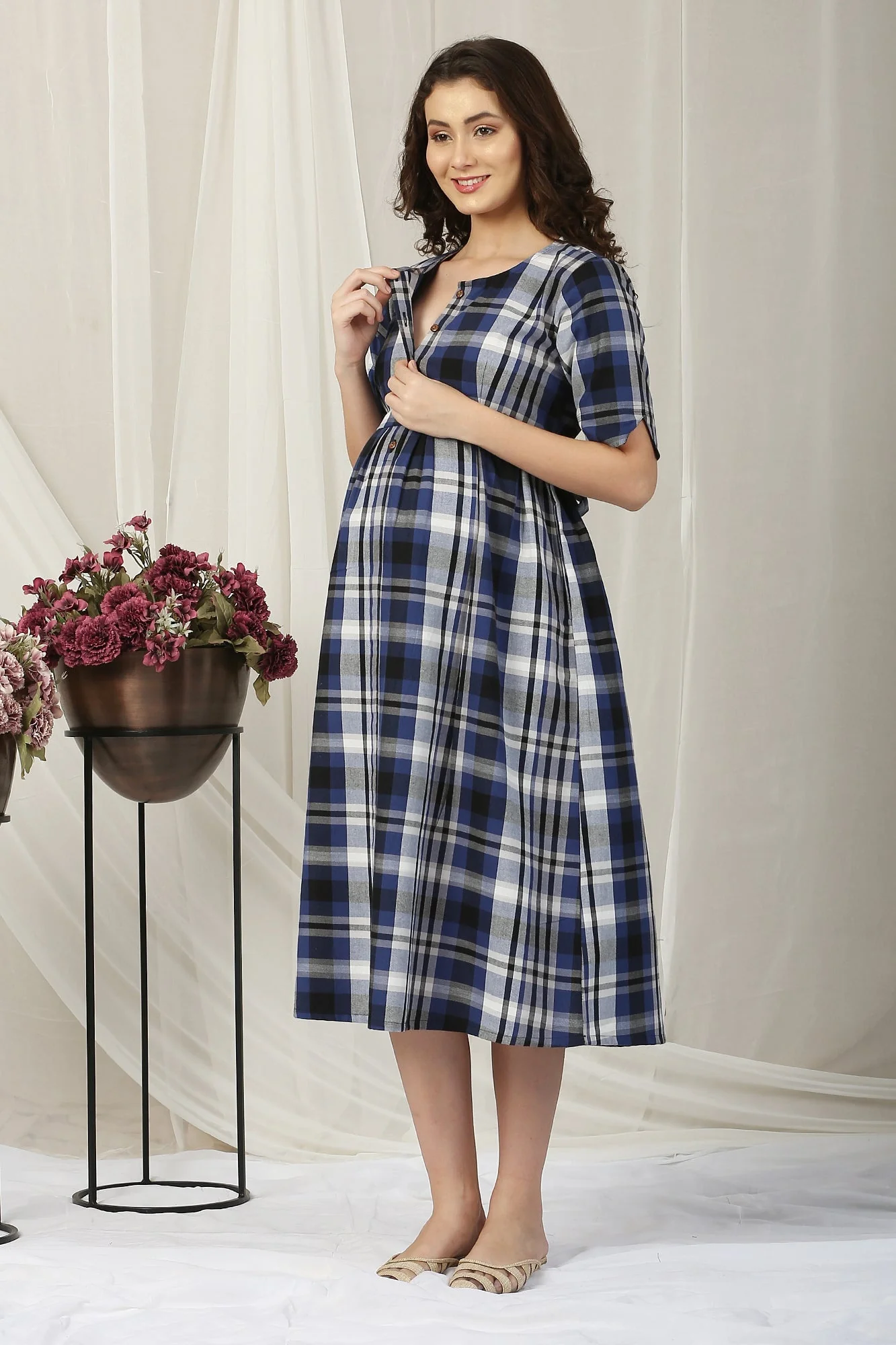 Classy Blue Plaid Maternity & Nursing Dress - Chenance