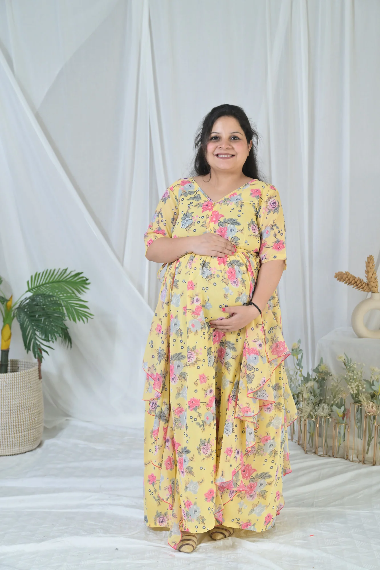 Happy Floral Yellow Maternity & Nursing Flow Dress - Chenance