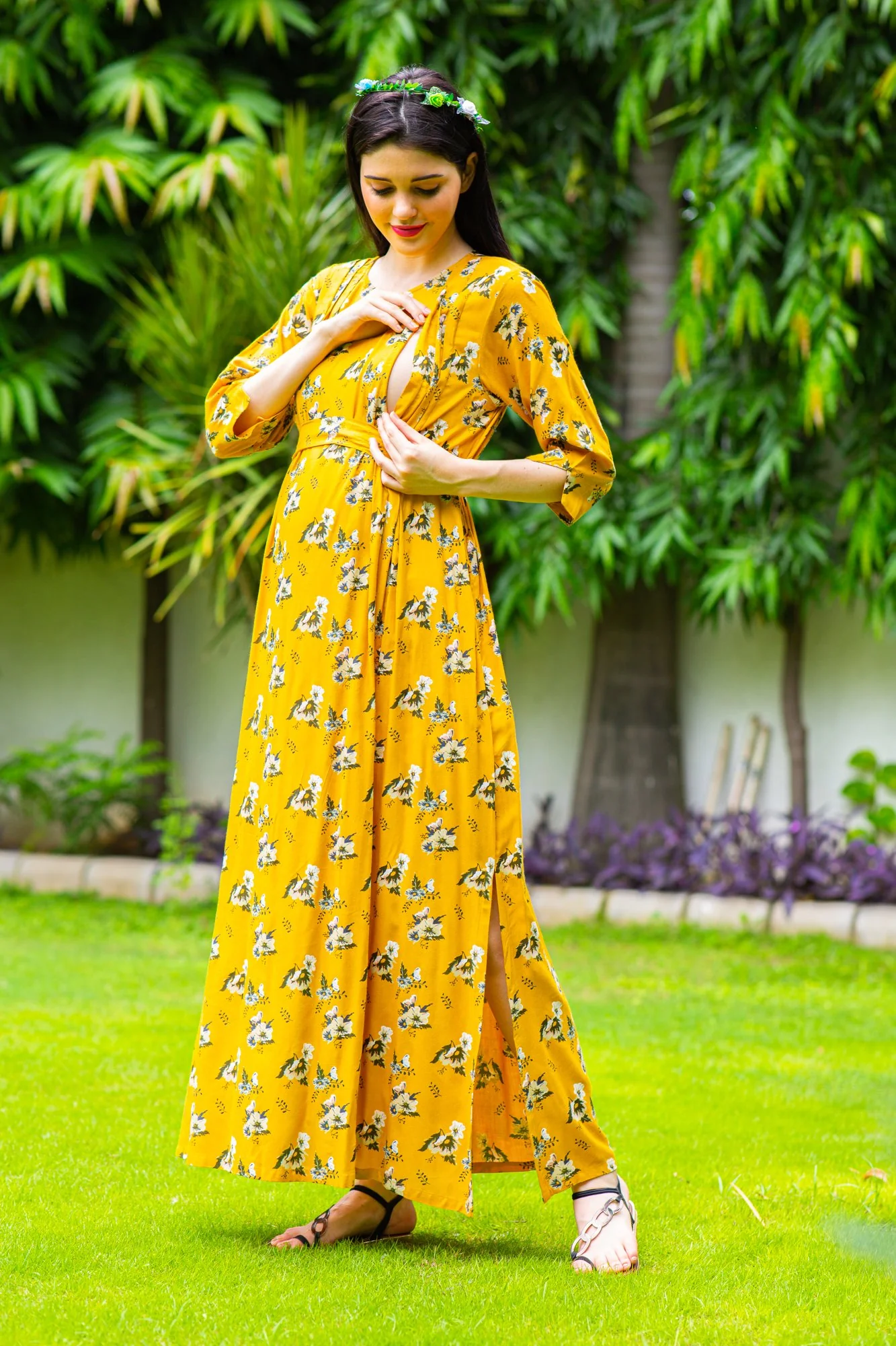 Marigold Pintucks Concealed Zips Maternity & Nursing Dress - Chenance