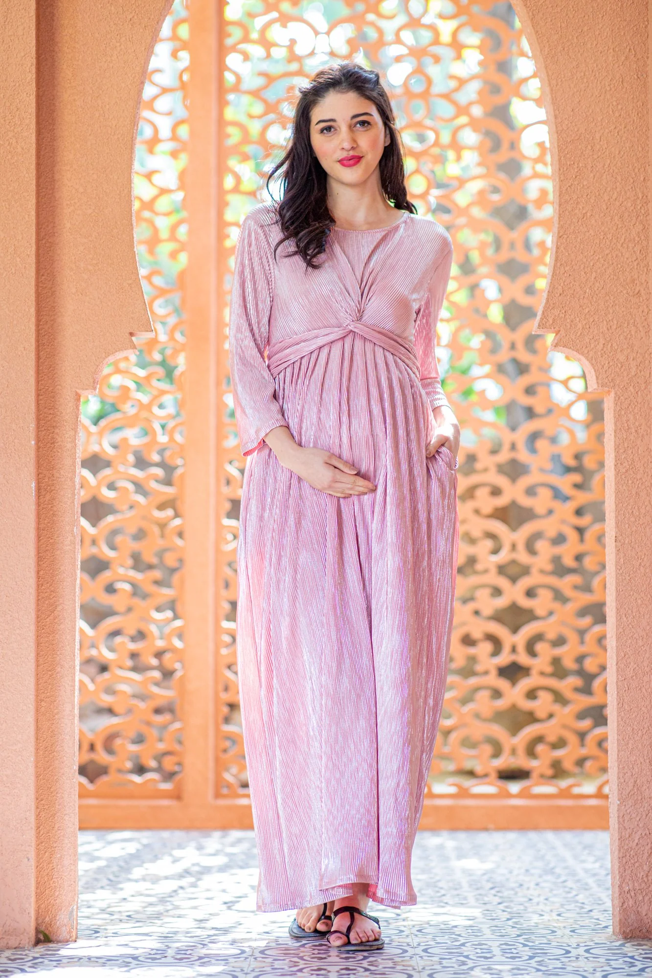 Merlot Shimmer Pleated Maternity Knot Dress - Chenance