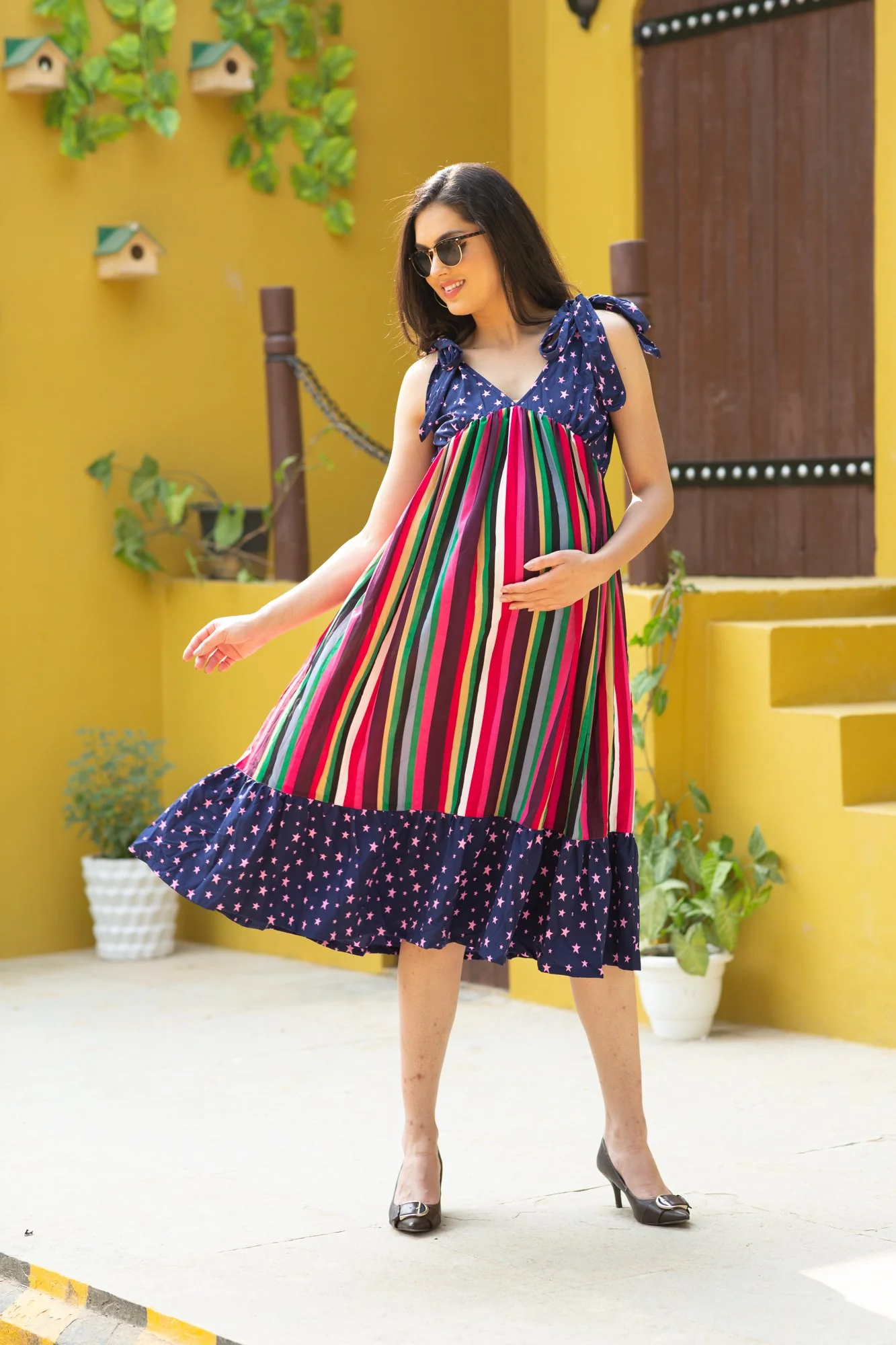 Nautical Rainbow Frill Maternity & Nursing Dress - Chenance