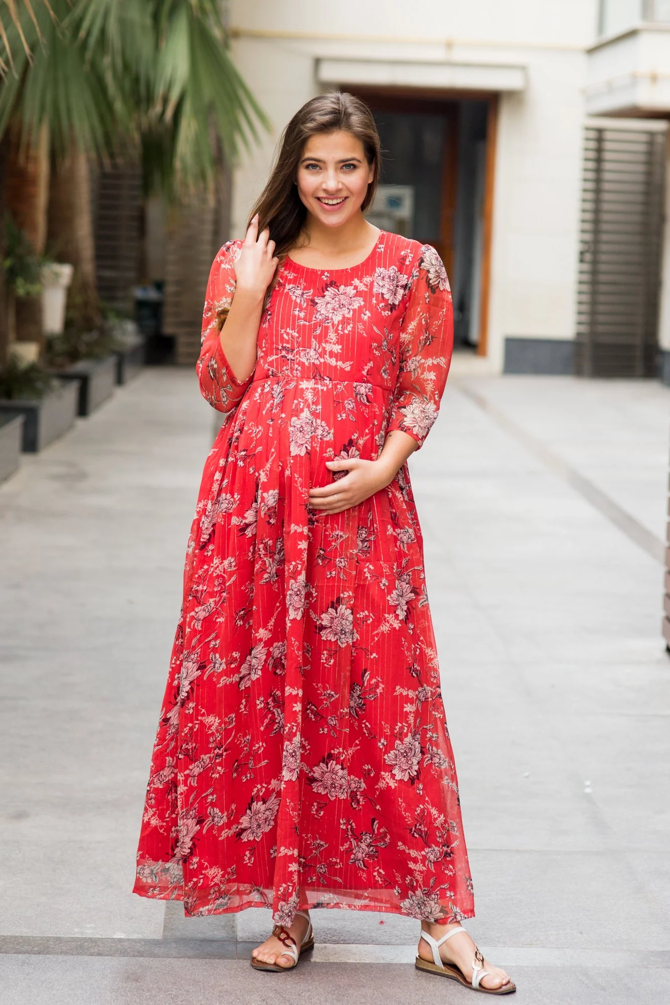 Luxe Chiffon Tangerine Floral Maternity & Nursing Dress - Chenance