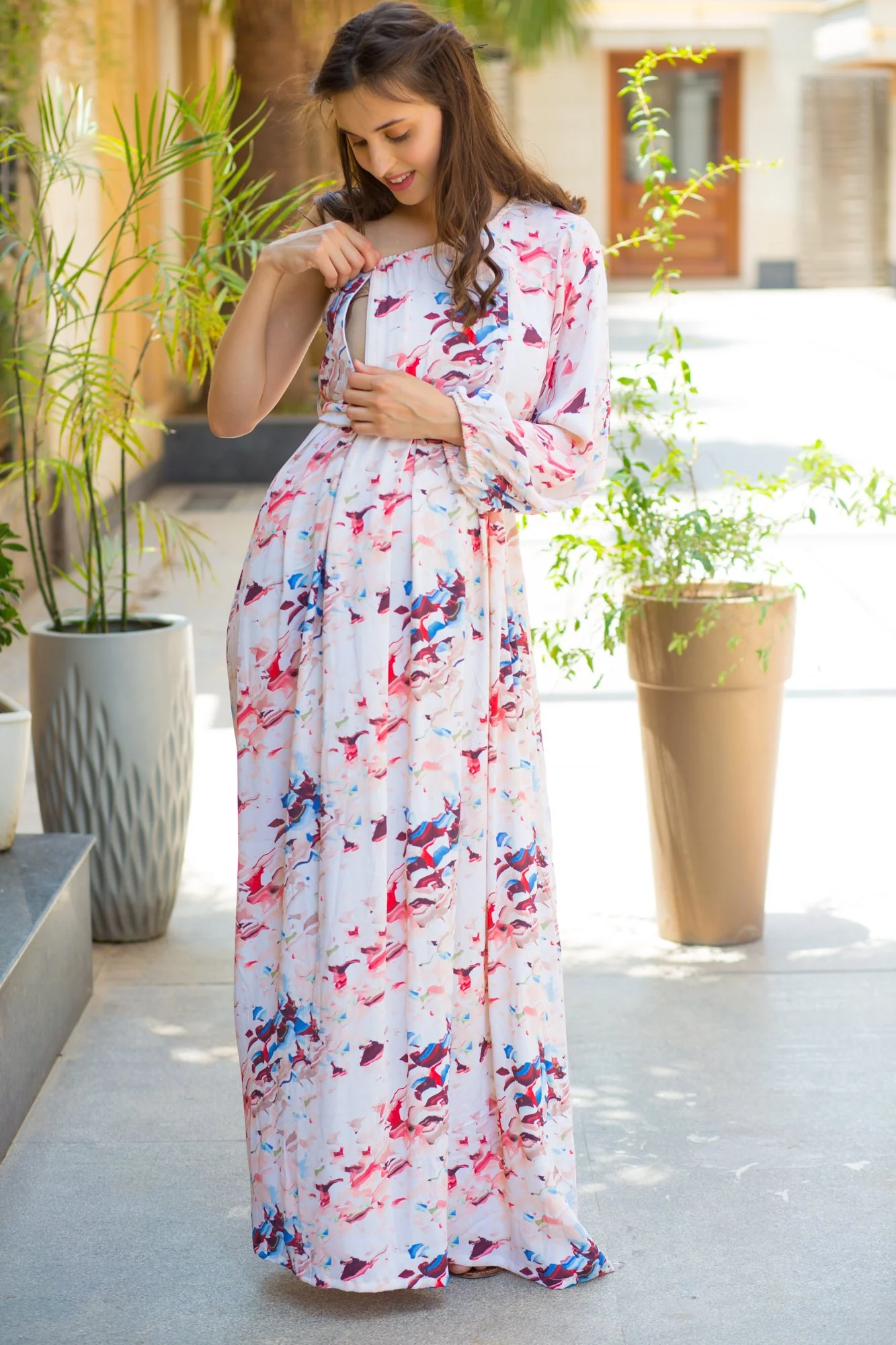 Color Splash Side Shoulder Maternity & Nursing Maxi Dress - Chenance
