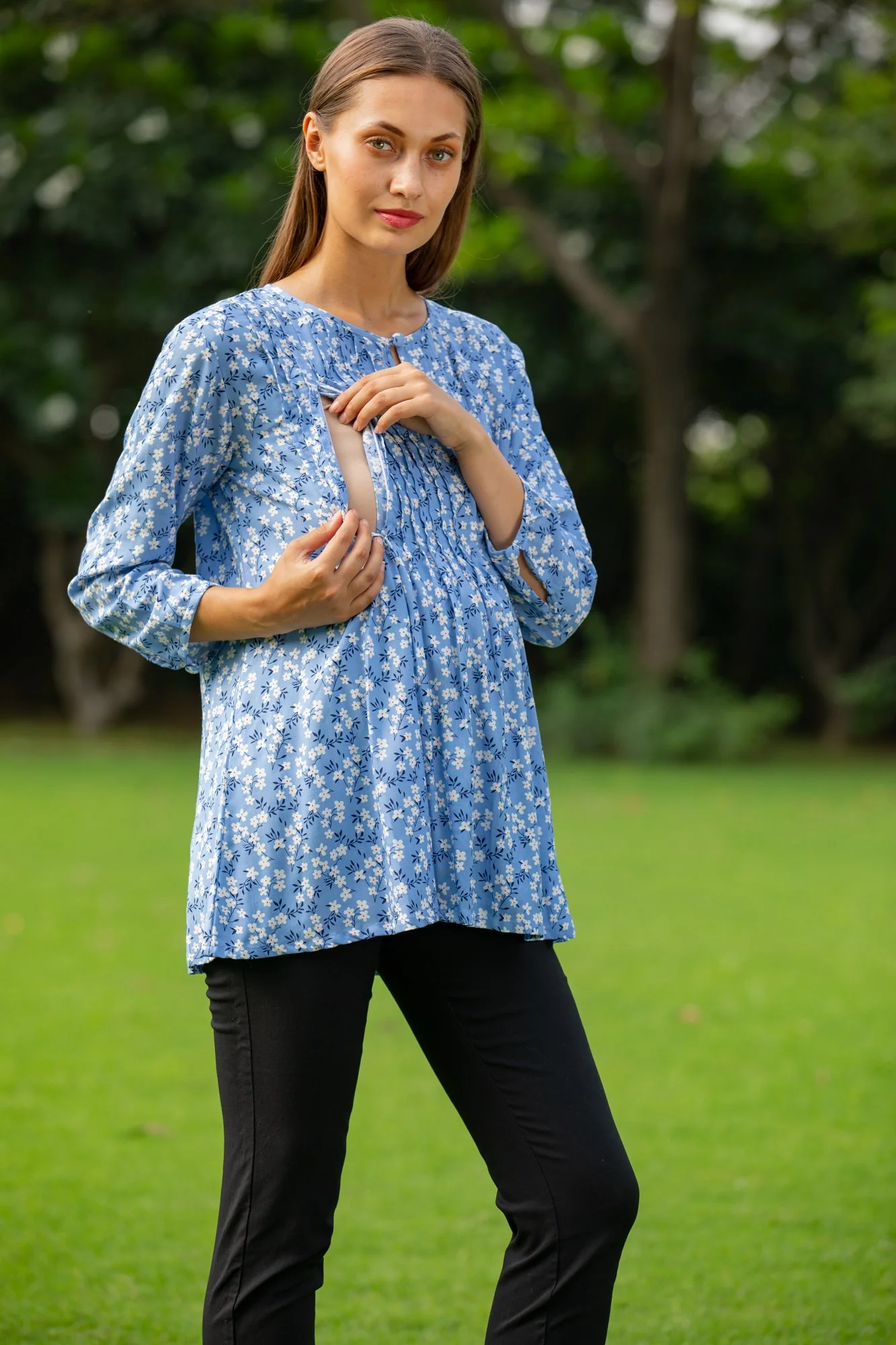 Pastel Blue Pintucks Maternity & Nursing Top - Chenance