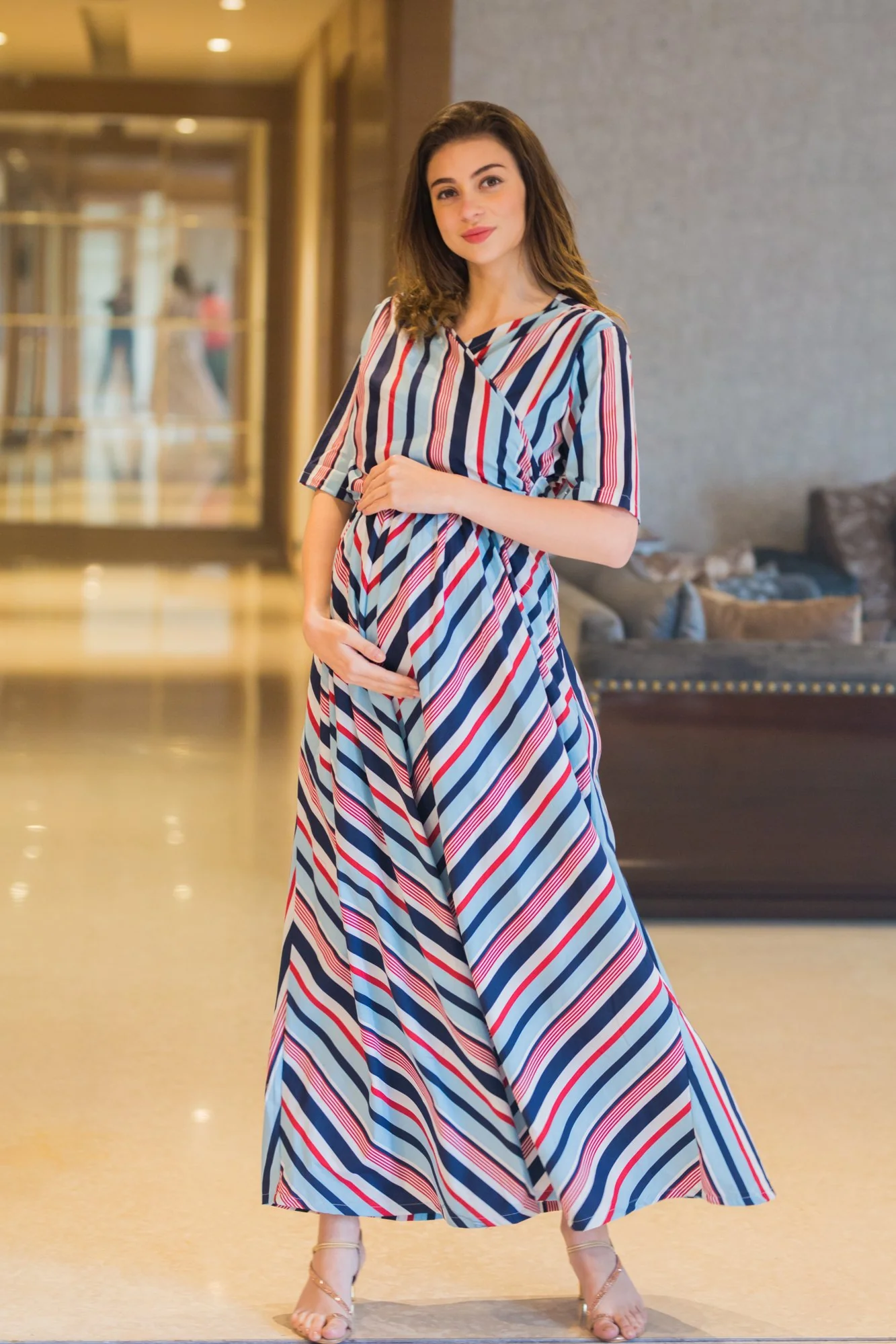 Baby Blue Striped Maternity & Nursing Wrap Dress - Chenance