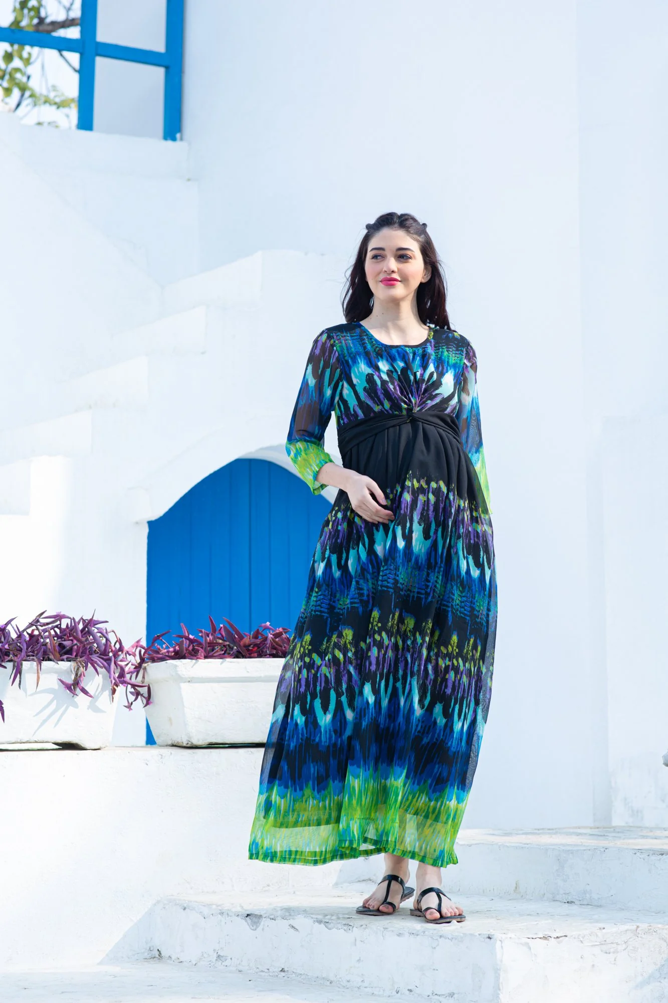 Aquamarine Splash Maternity Knot Dress - Chenance