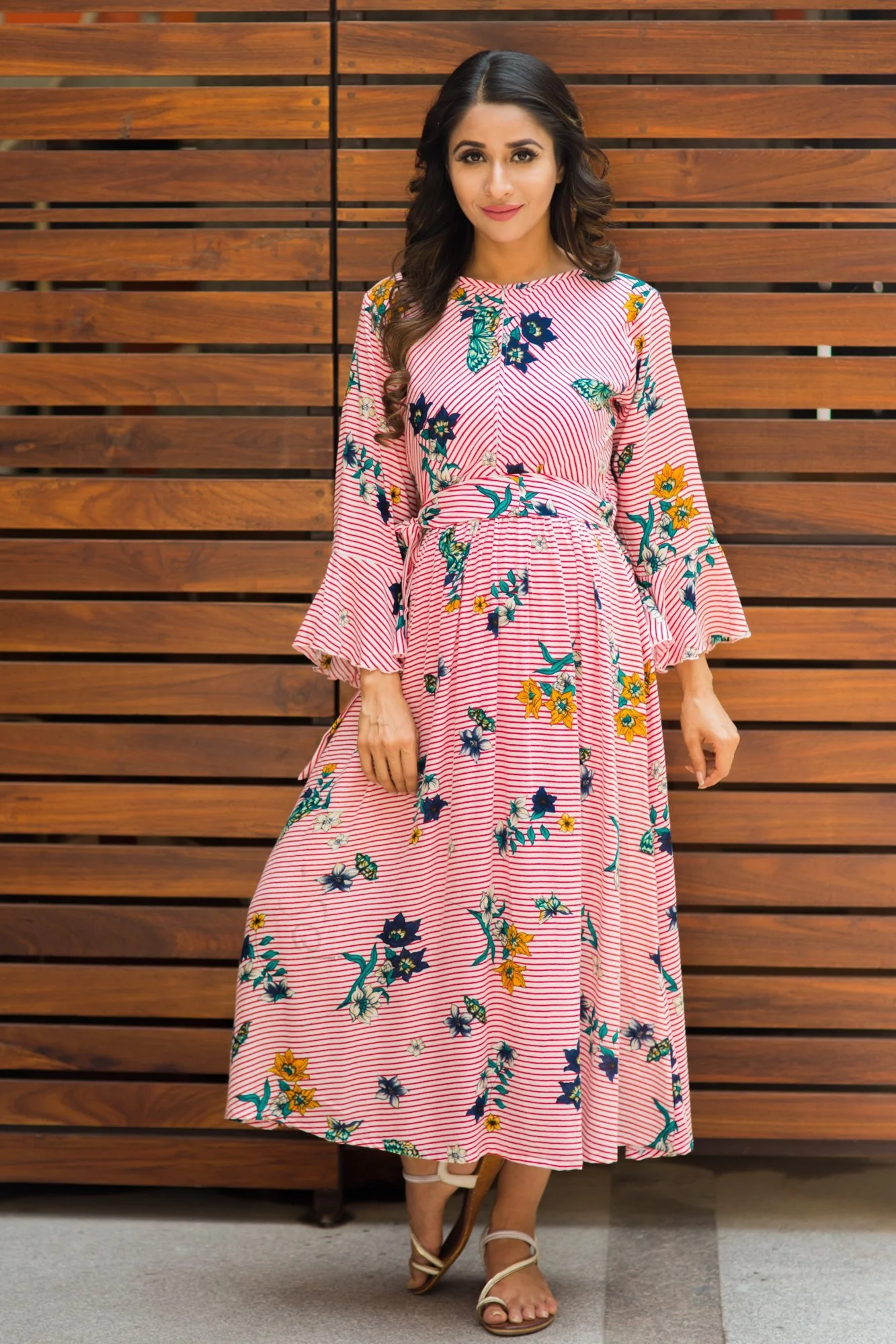 Floral Red Striped Front Zip Boho Maternity & Nursing Dress - Chenance