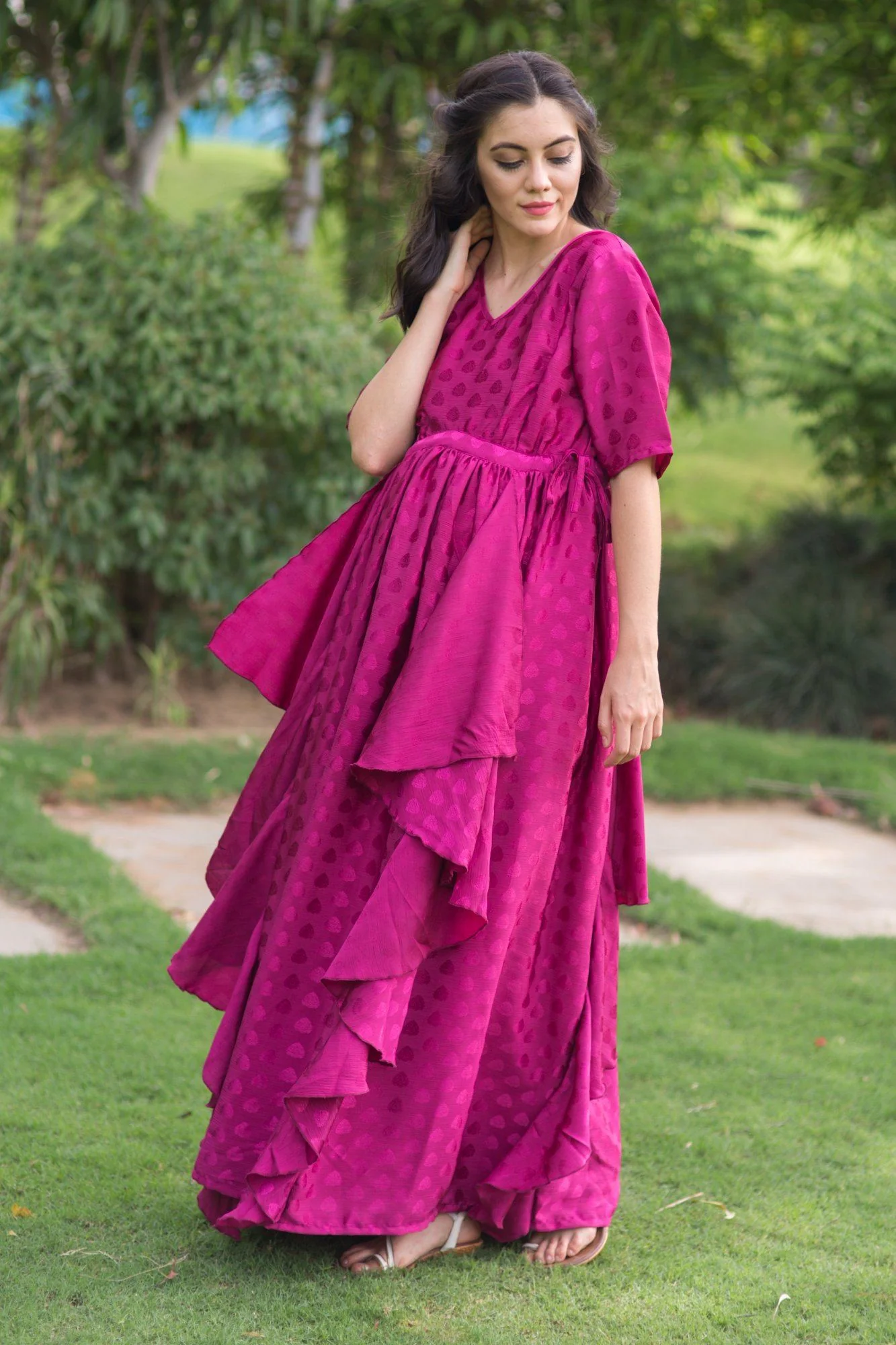 Luxe Rosewood Embellished Satin Maternity Dress - Chenance