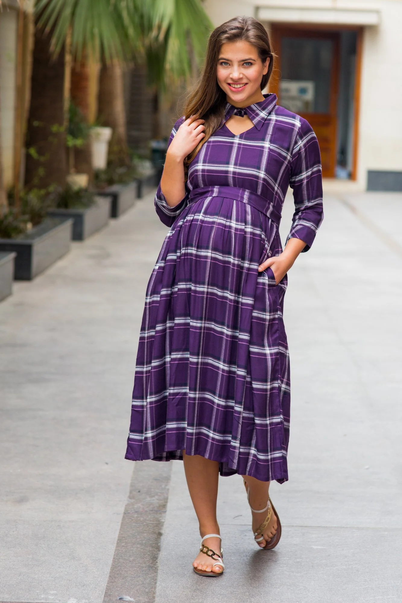 Slick Violet Plaid Maternity & Nursing Button Dress - Chenance