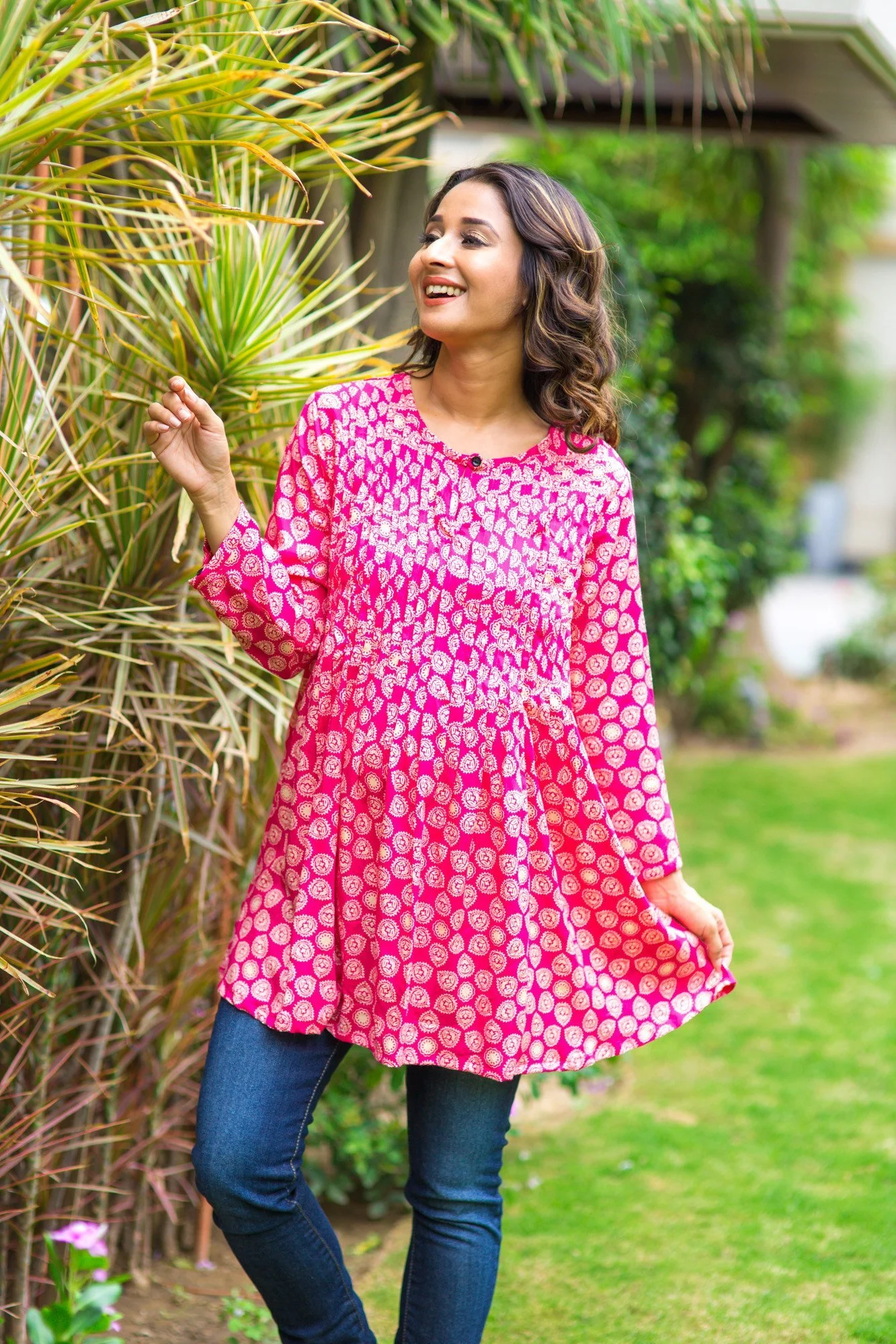 Vibrant Pink Pleated Maternity & Nursing Top - Chenance