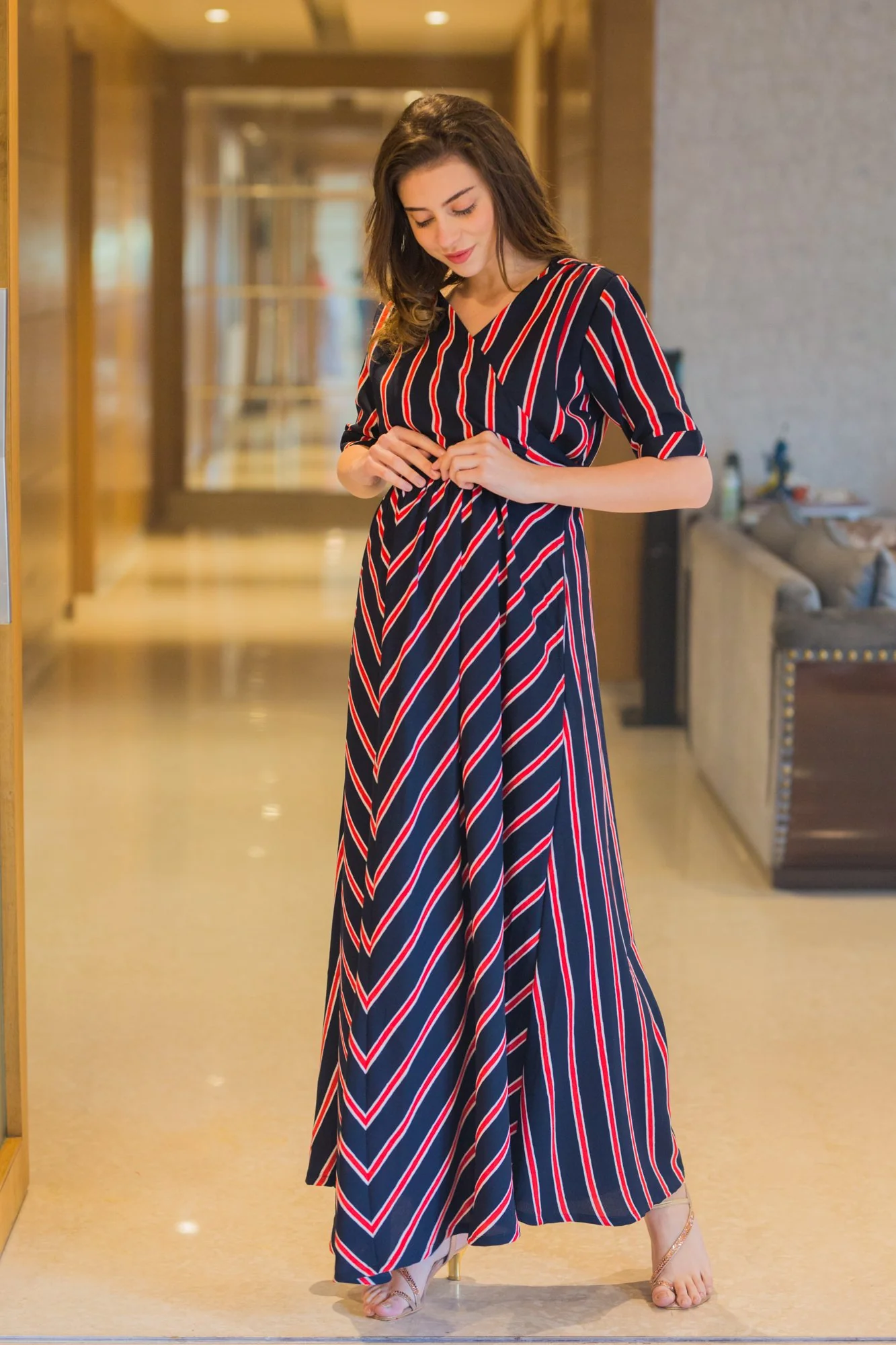 Nautical Red Striped Maternity & Nursing Wrap Dress - Chenance