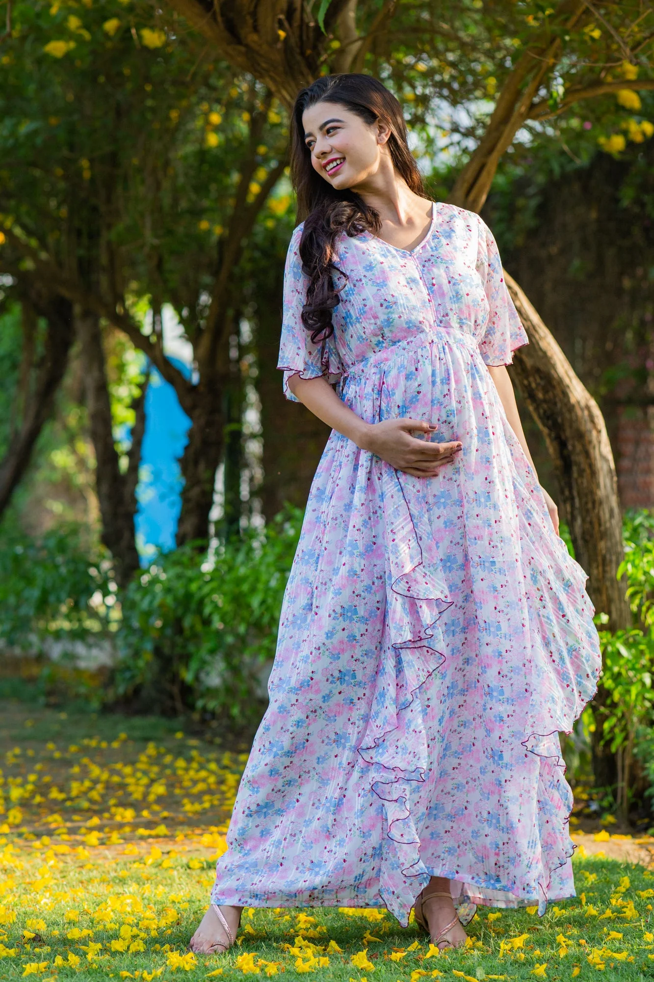 Luxe Soothing Light Pink Maternity & Nursing Flow Dress - Chenance