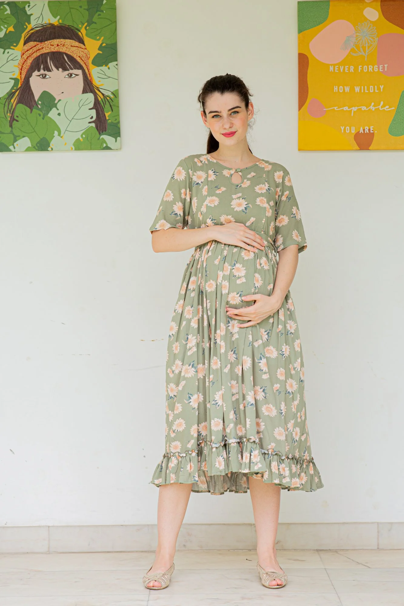 Sage Frill Crepe Concealed Zips Maternity & Nursing Dress - Chenance