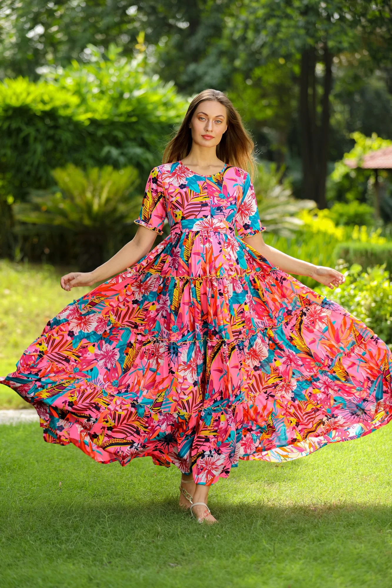 Paradise Bloom Multilayer Frill Single Concealed Zip Maternity & Nursing Dress - Chenance