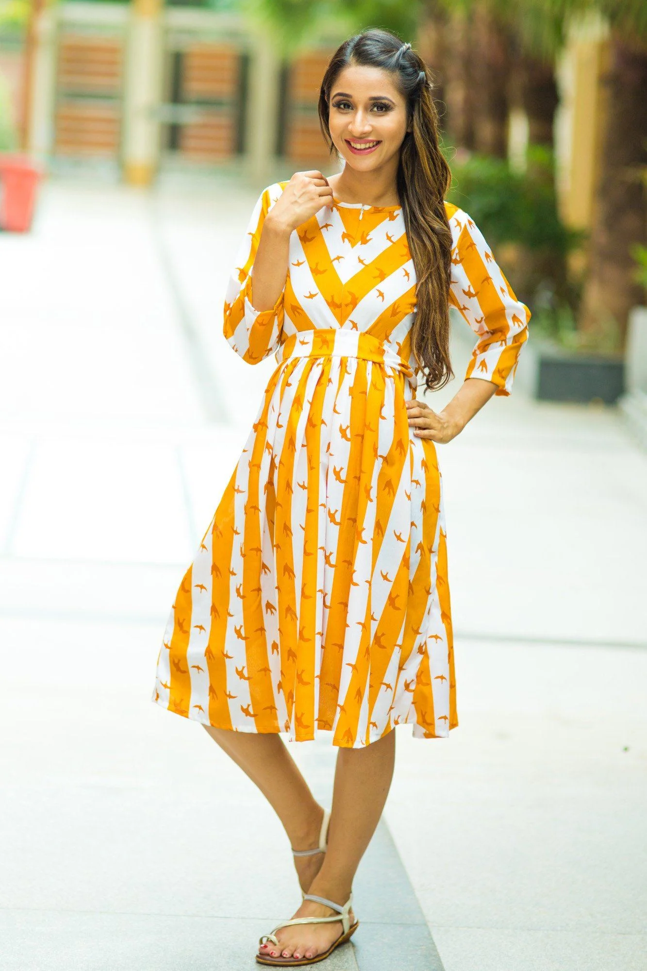 Chirpy Yellow Striped Nursing Crepe Dress - Chenance