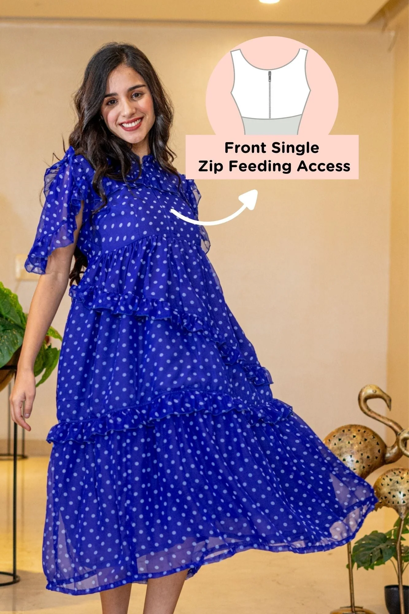 Breezy Cobalt Blue Polka Maternity & Nursing Frill Dress - Chenance