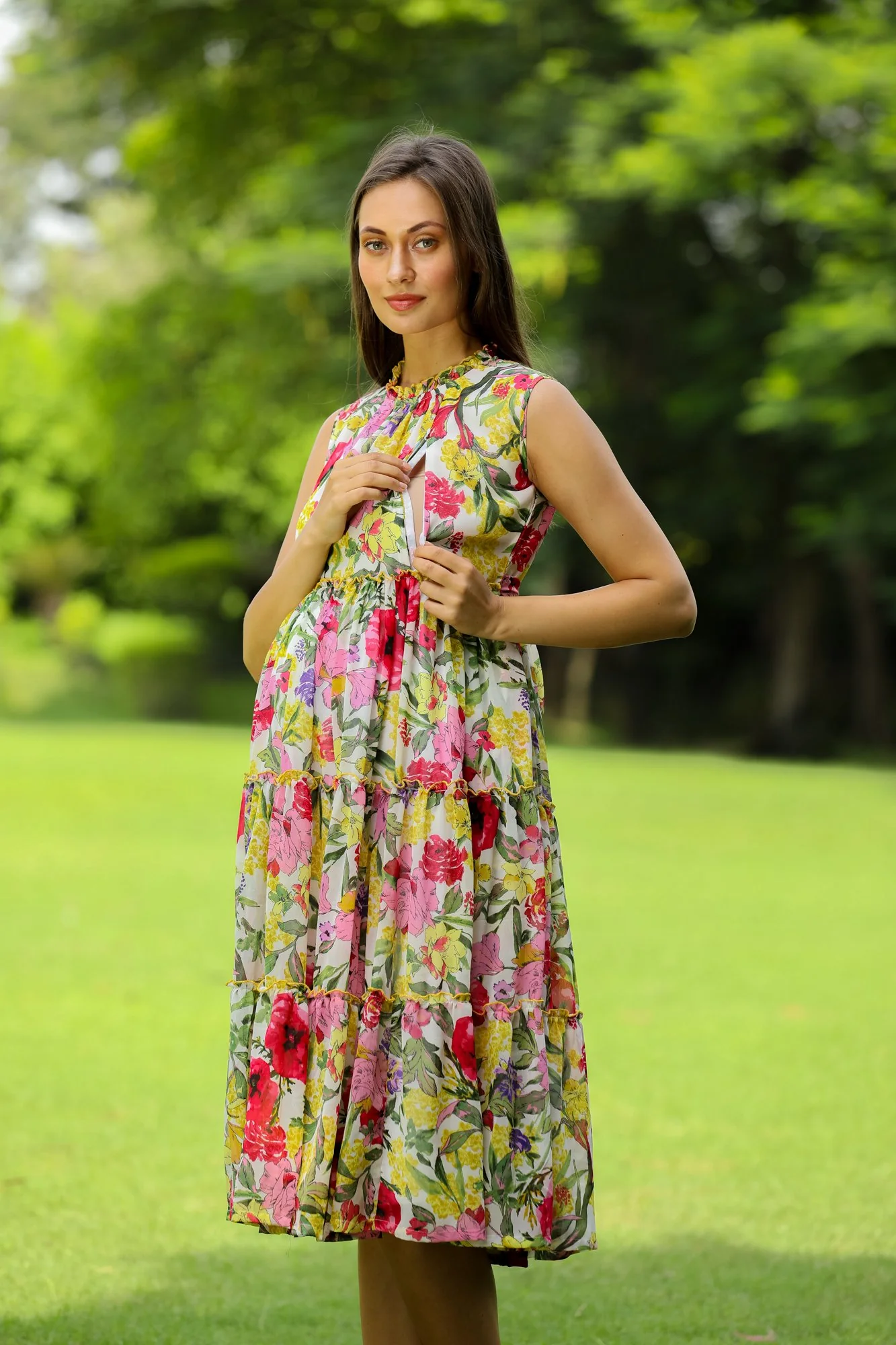 Blossom White Maternity & Nursing Concealed Zips Frill Dress - Chenance