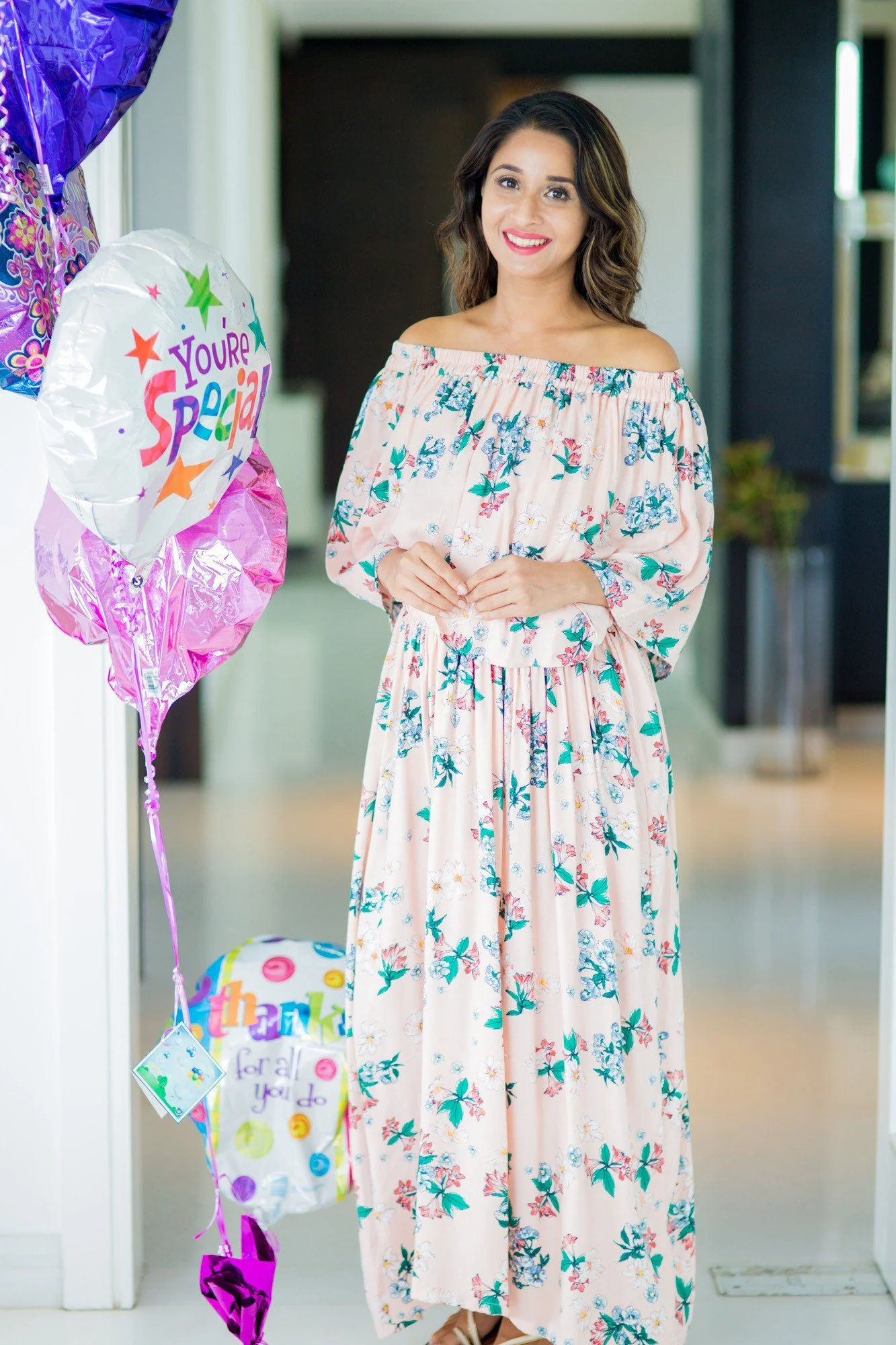 Chirpy Peach Off-Shoulder Maternity Maxi Dress - Chenance