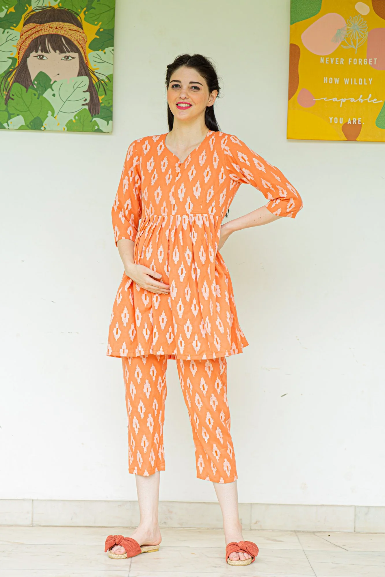 Tangy Ikat Print Maternity & Nursing Night Suit Set - Chenance