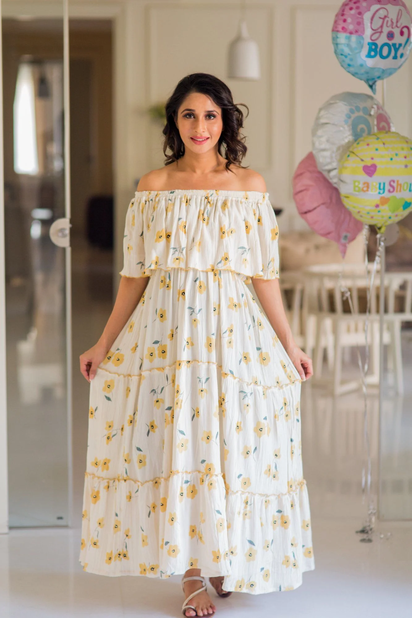 Offwhite Marigold Off-Shoulder Maternity Maxi Dress - Chenance