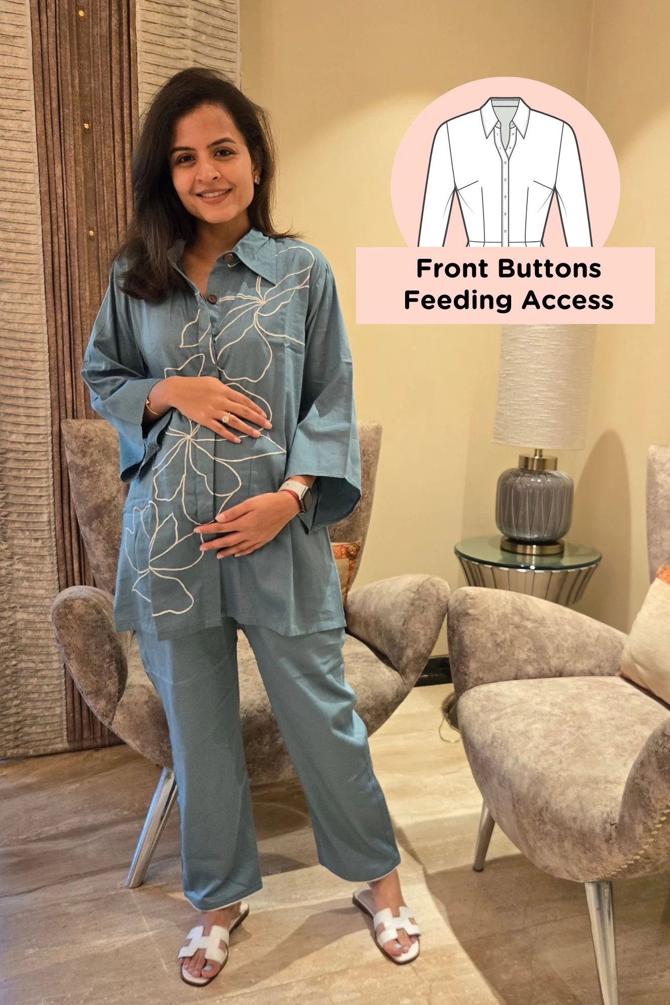 Classy Sage Blue Maternity & Nursing Lounge Coord Set (2Pc) - Chenance