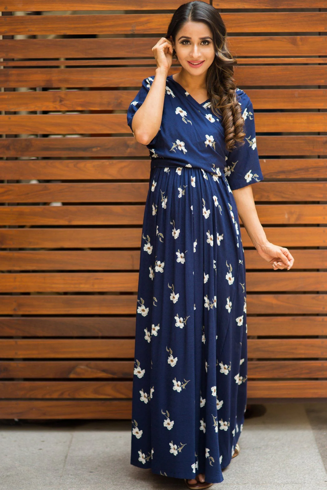 Luxe Navy Pearl Blossom Maternity& Nursing Wrap Dress - Chenance