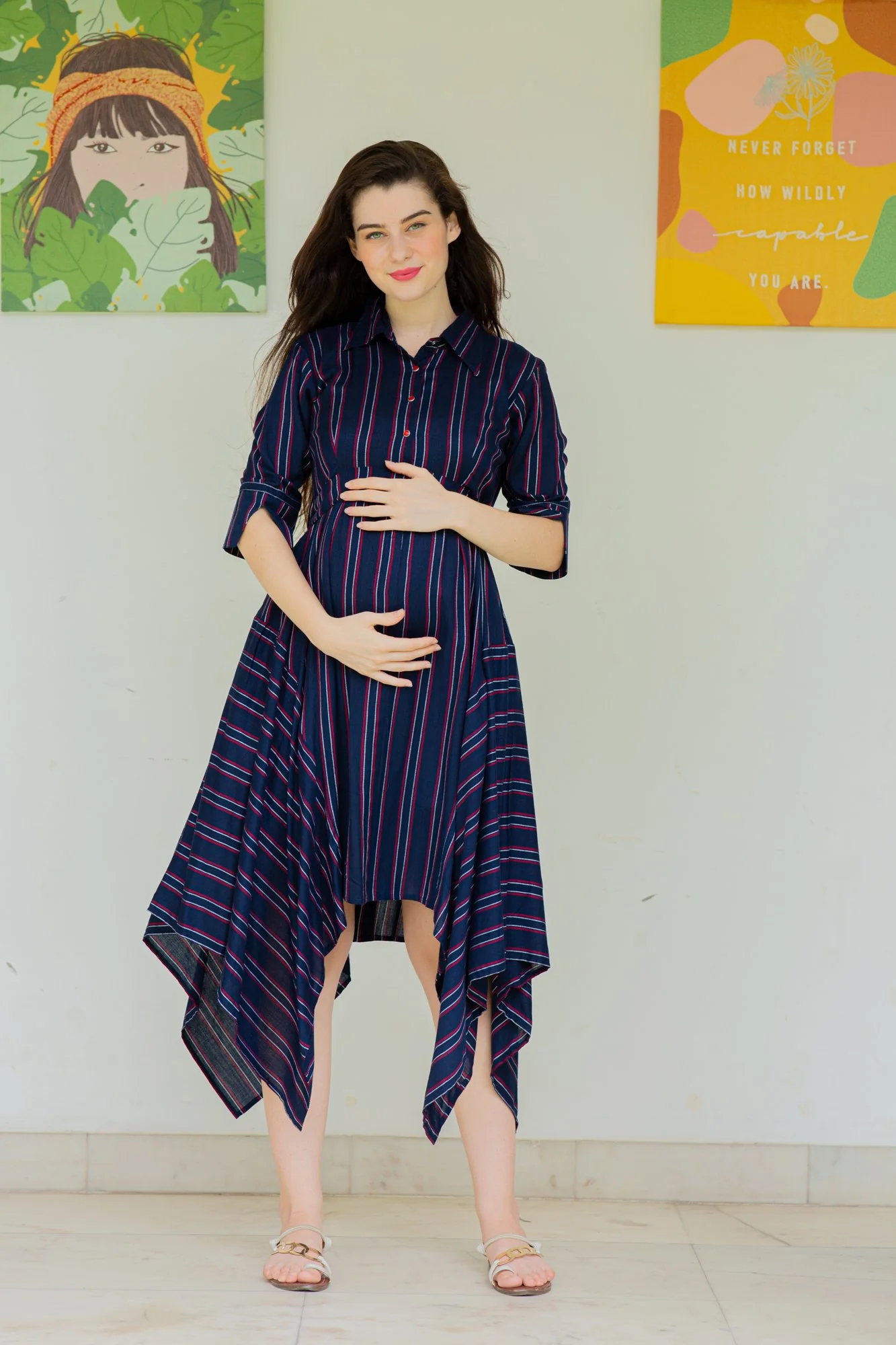 Asymmetrical Stripes Maternity & Nursing Dress - Chenance
