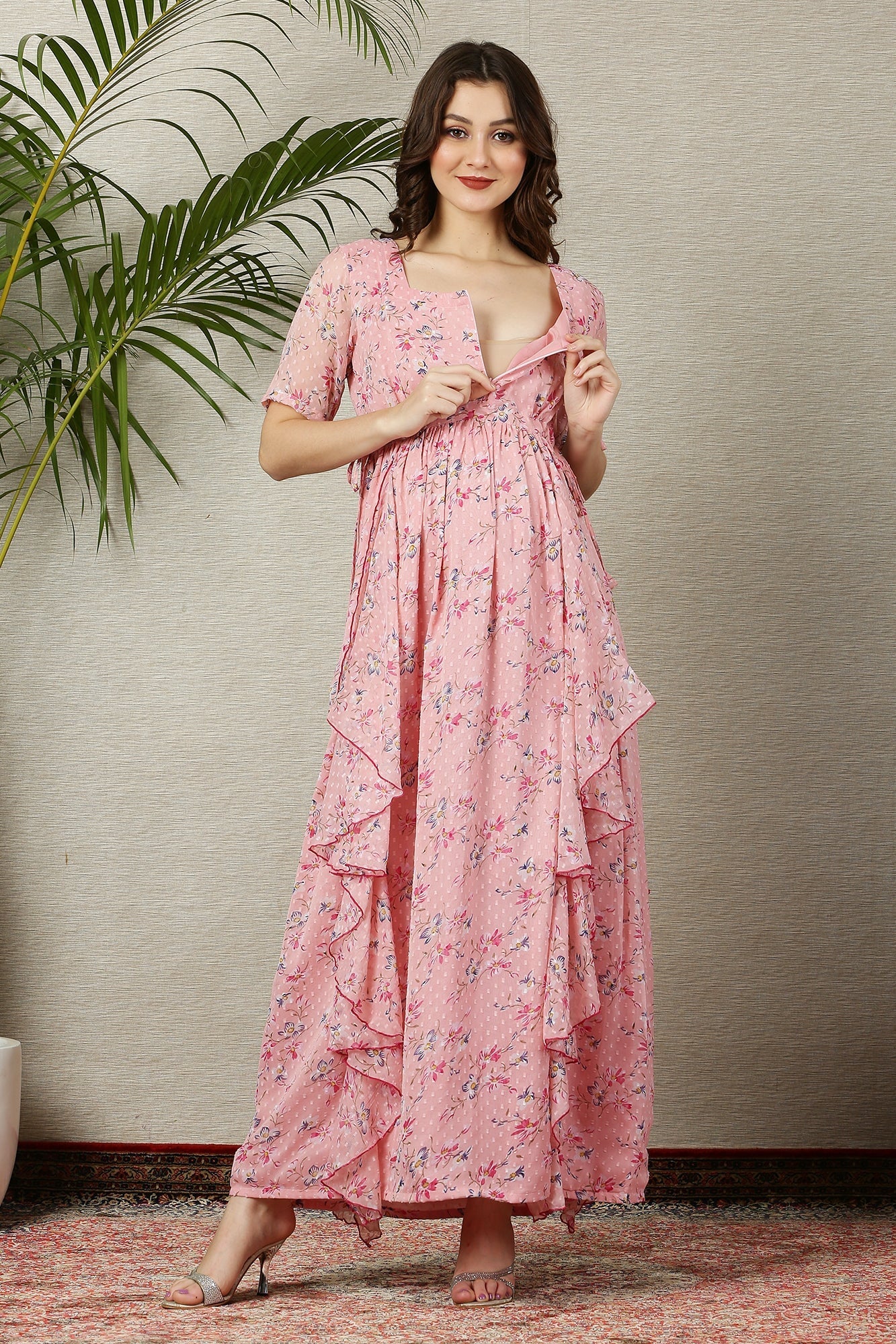 Soothing Peach Blossom Maternity & Nursing Flow Dress - Chenance