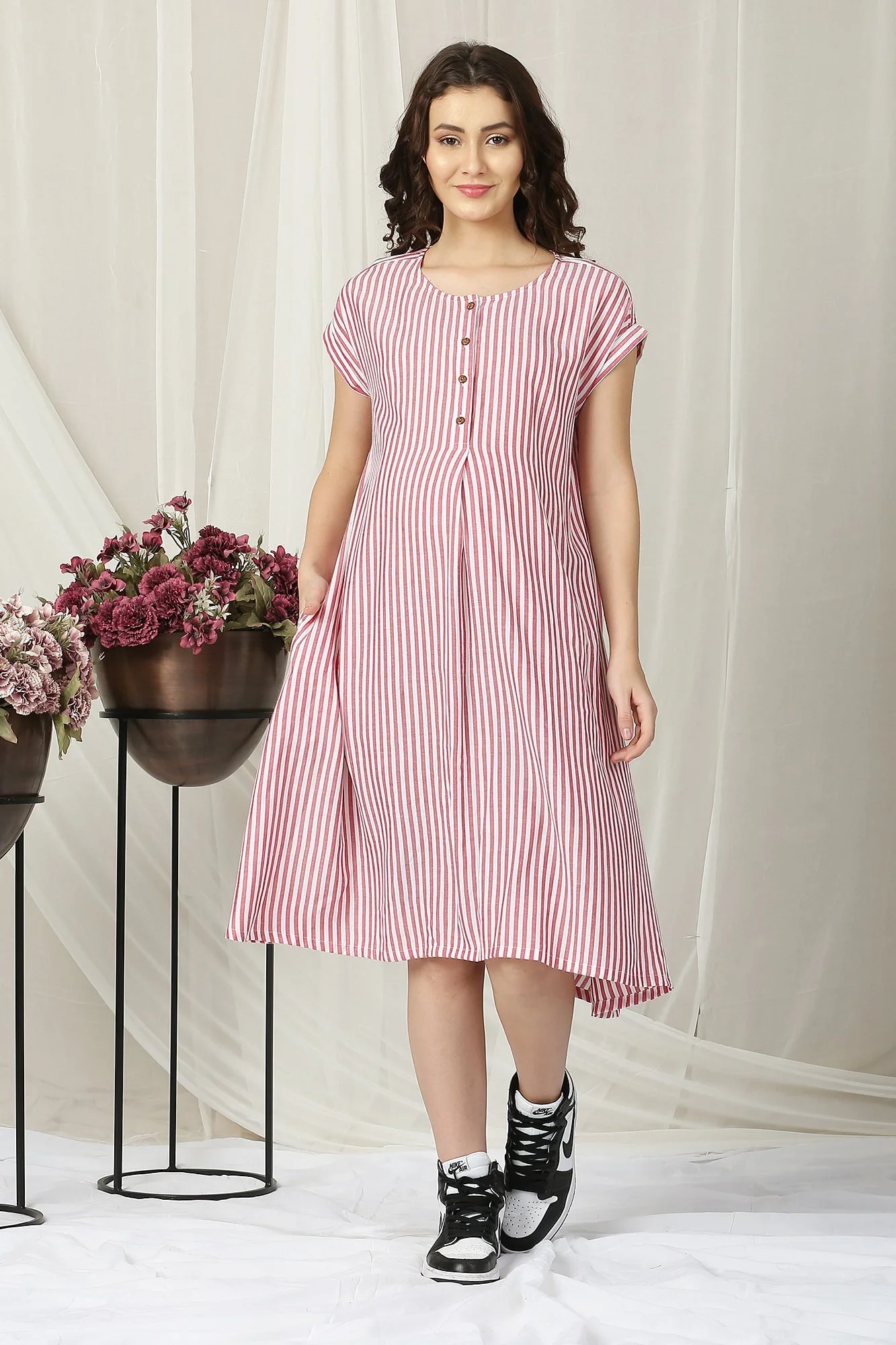 Breezy Red Striped Maternity & Nursing Dress - Chenance