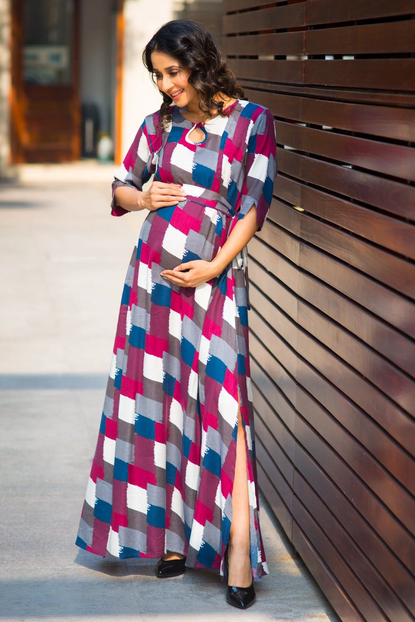 Titan Patch Side Slit Concealed Zips Maternity & Nursing Dress - Chenance