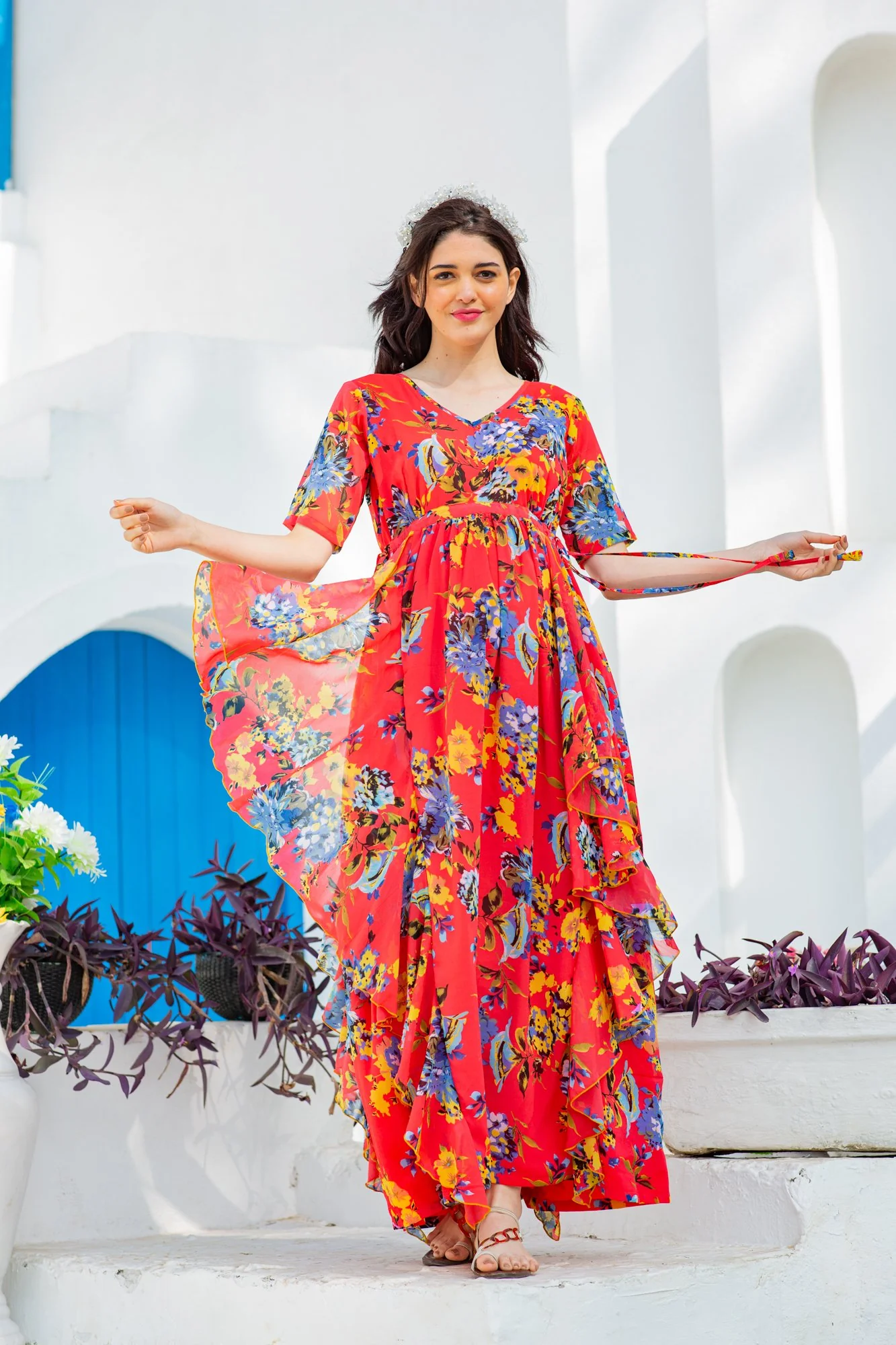 Vibrant Red Floral Maternity Flow Dress - Chenance