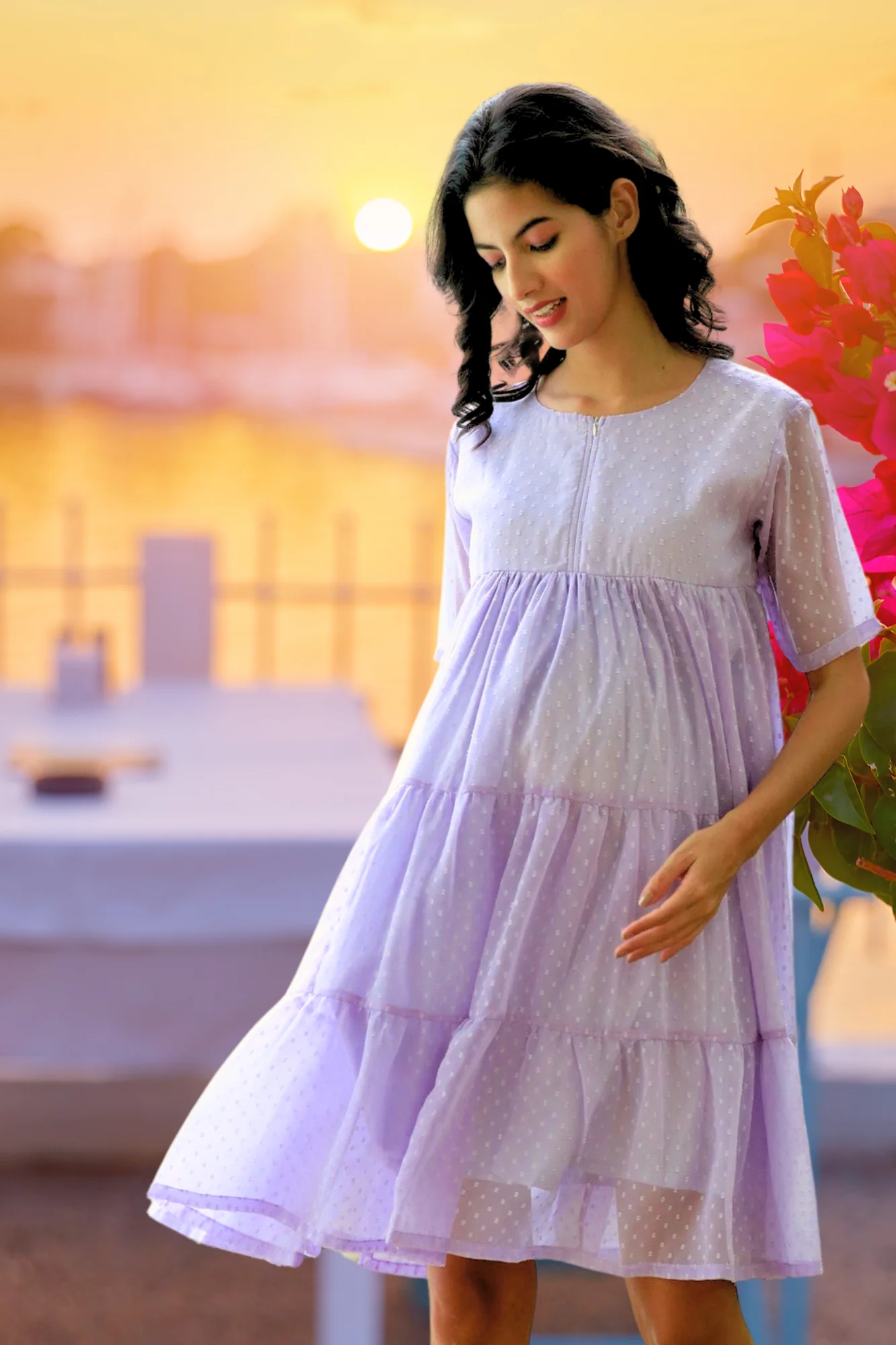 Charming Lilac Maternity & Nursing Layered Knee Dress - Chenance