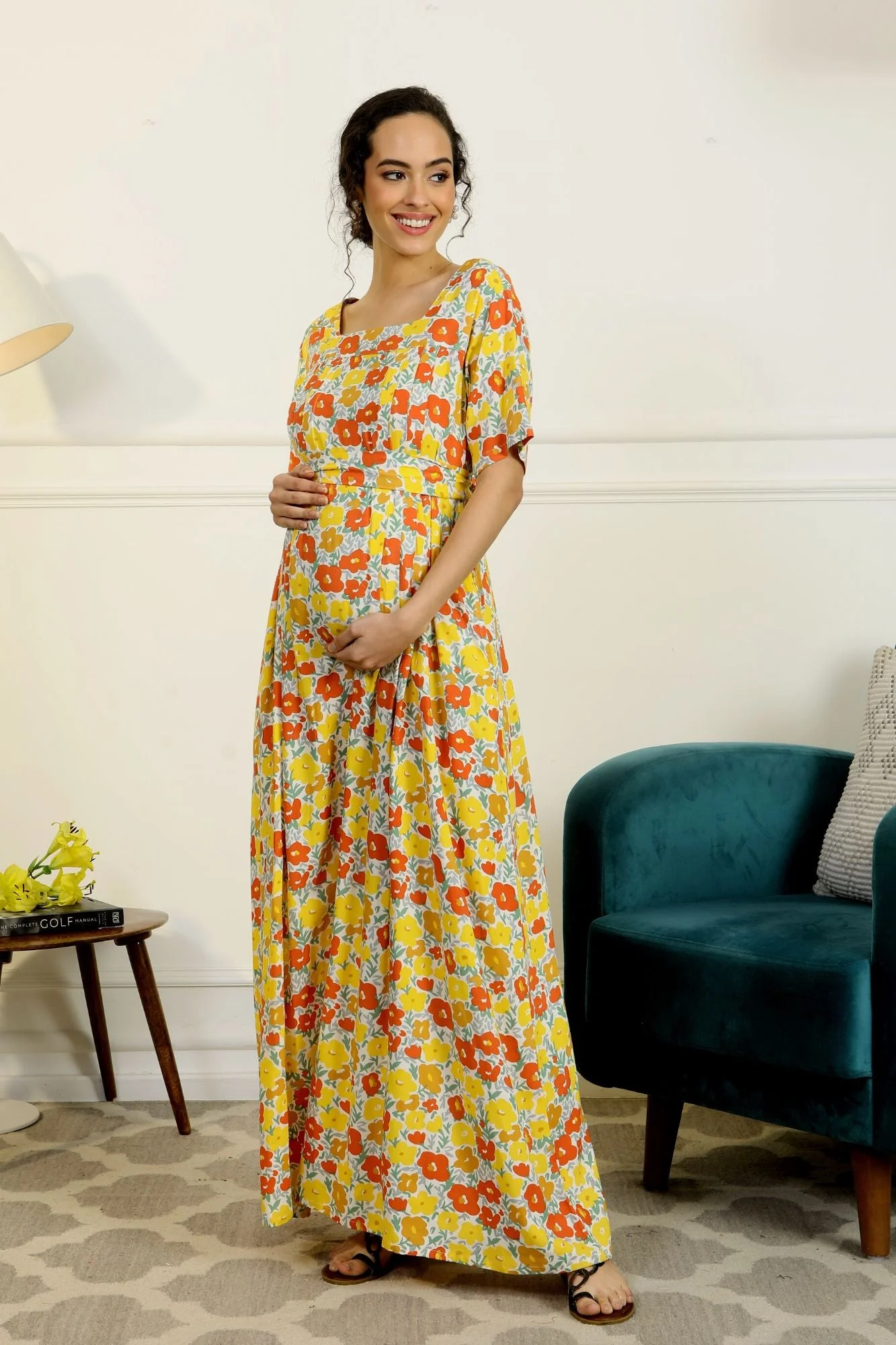 Miami Comfy Flower Pop Maternity & Nursing Concealed Zips Night Dress - Chenance