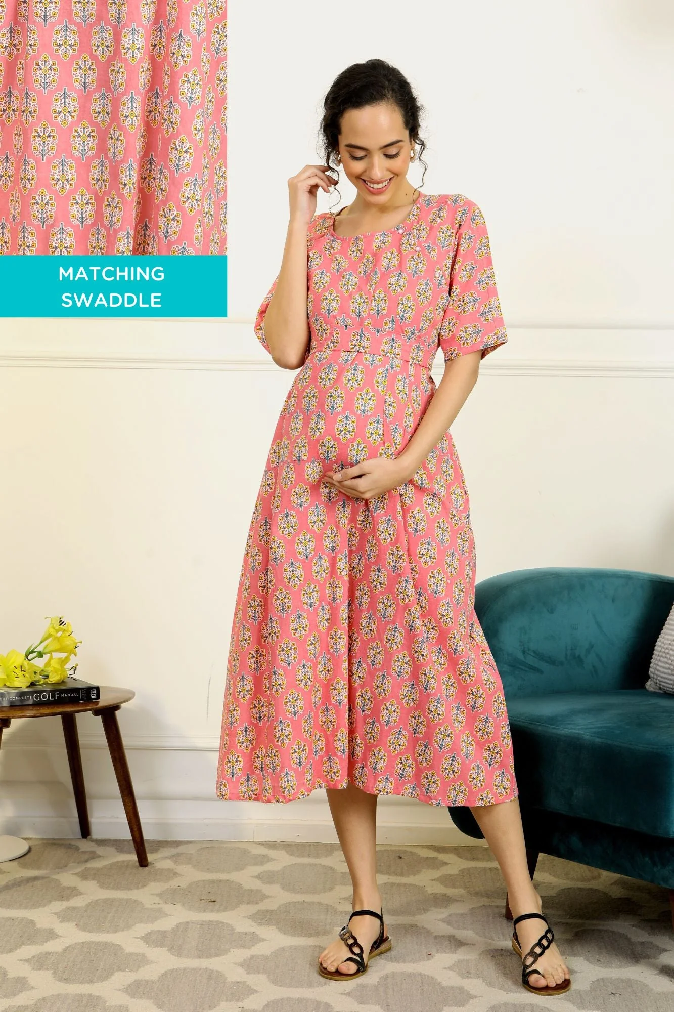 Restful Blossom Coral Shoulder Snap Delivery Gown + Matching Baby Swaddle Set Of 2 - Chenance