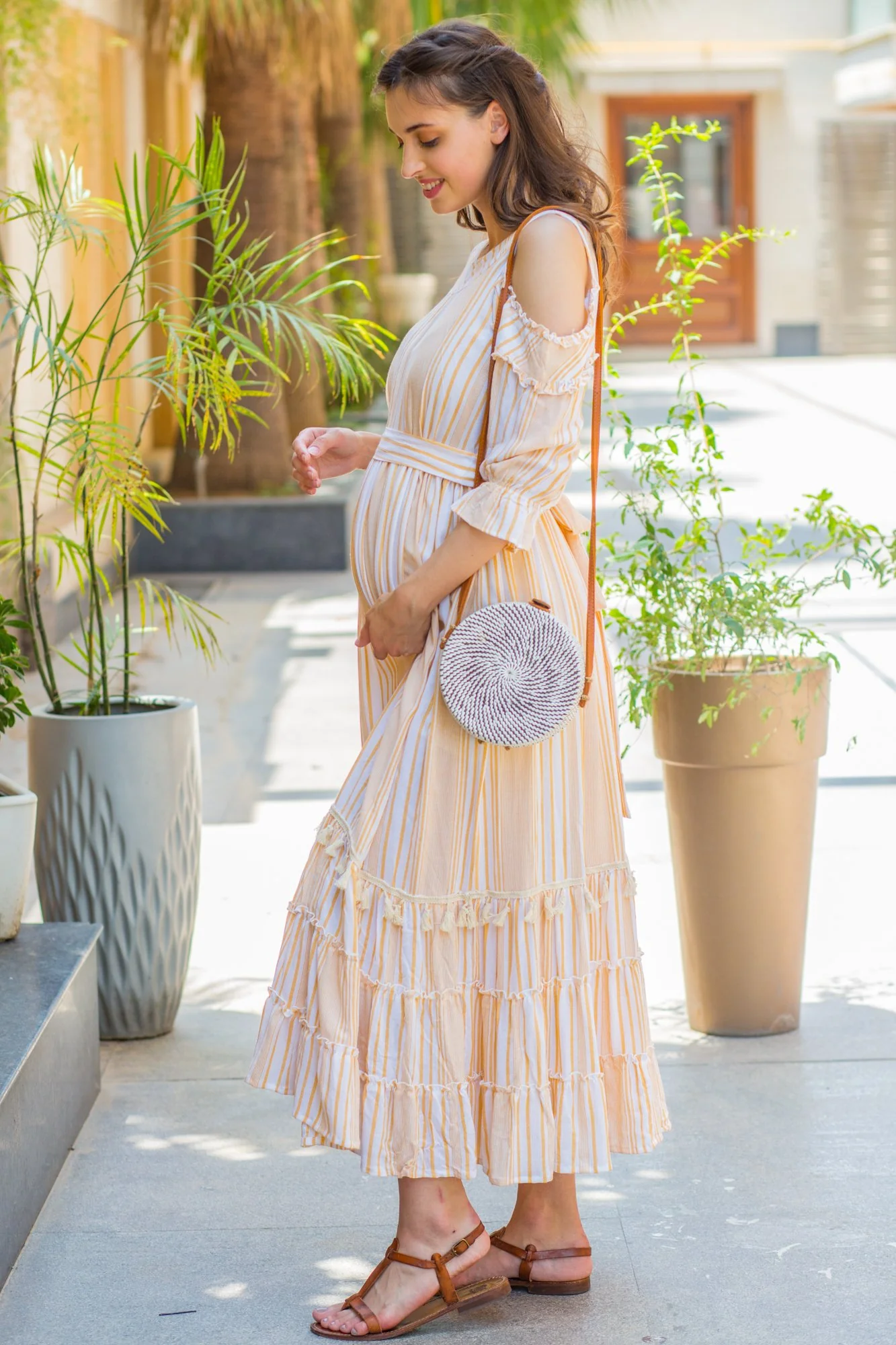 Cute Boho Mustard Frill Maternity & Nursing Maxi - Chenance