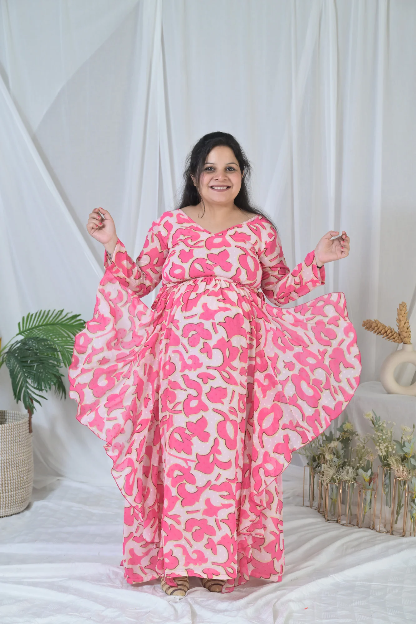 Jolly Pink Floral Maternity Flow Dress - Chenance