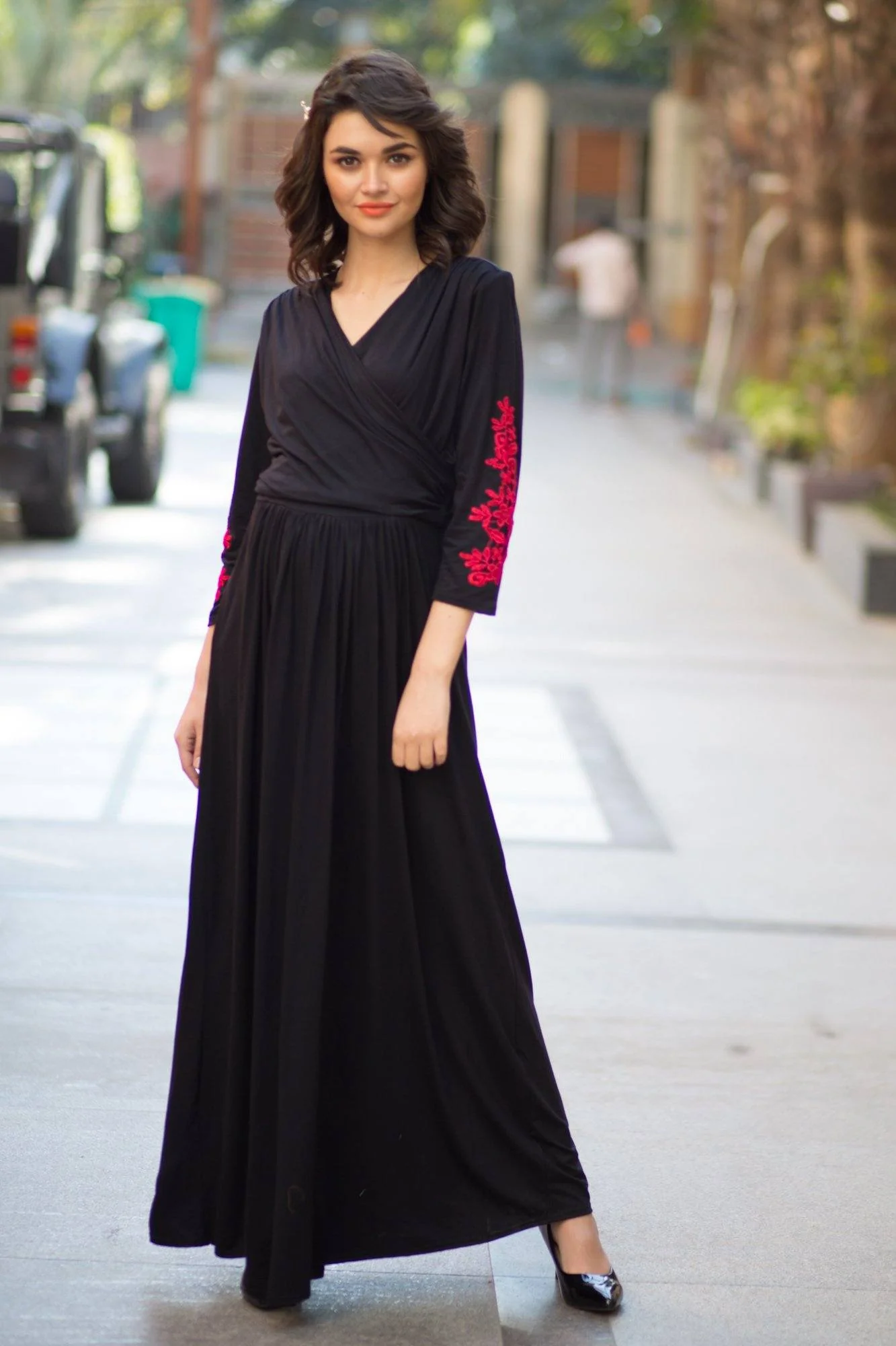 Elegant Black Red Crochet Maternity & Nursing Wrap Dress - Chenance